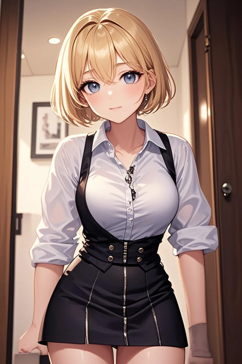 Human female momm , huge ass , short Blonde hair , wearing shirt , skirt ,solo , Black Pupils