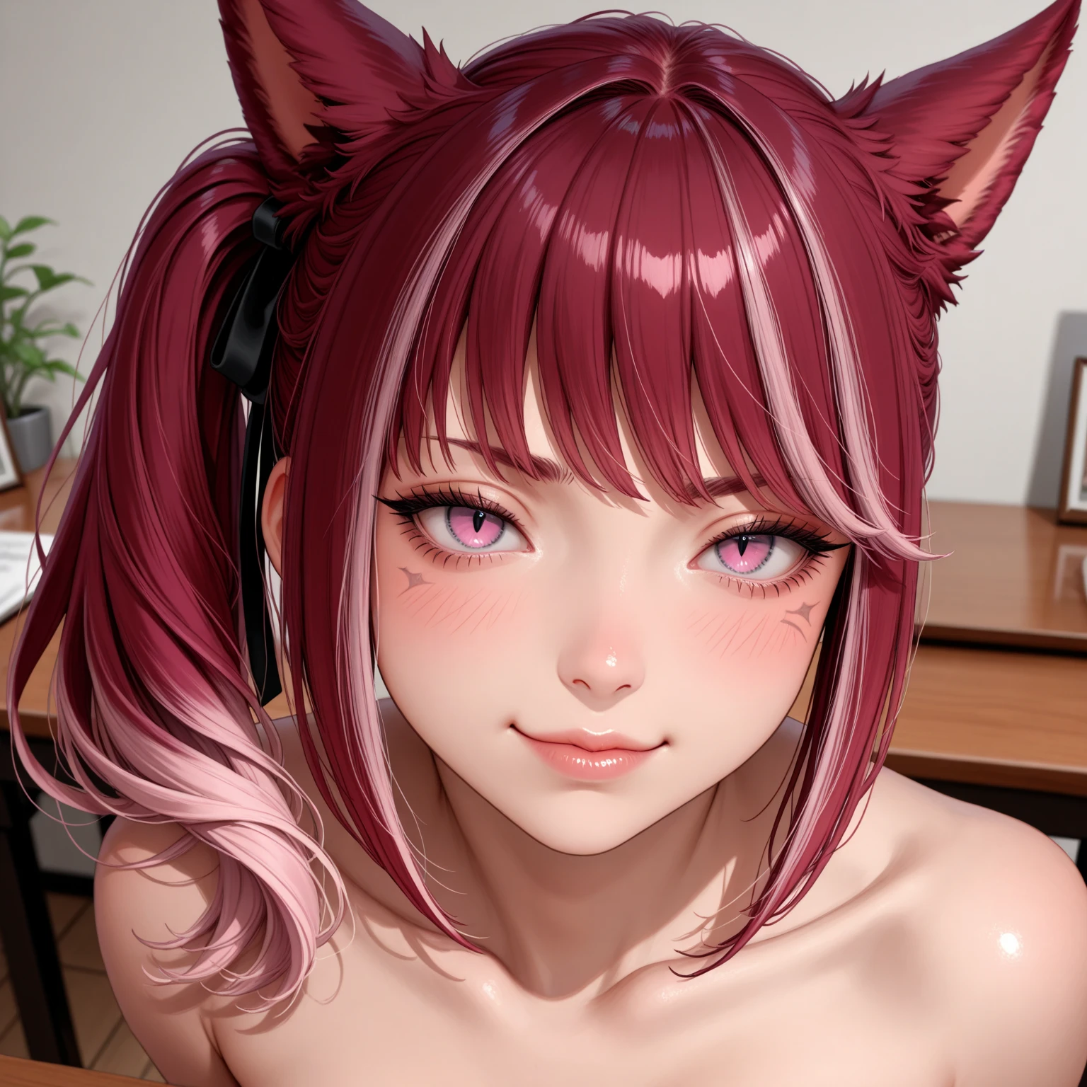 Raphtalia woman 35 years old blonde hair with pink tips,, orejas de oso, ojos amarillos., sonrisa seductoras, piel oscura y bronceada, pechos grandes , pechos desnudos, desnuda. de pie cuerpo completo. manos en las caderas. fondo un balneario lujoso, manos perfectas, orejas de gato, orejas de gato. manos perfectas.