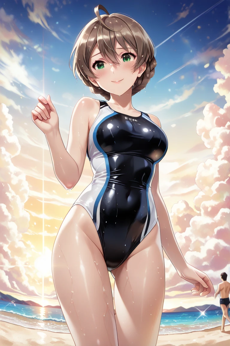 (Superflat, Flat Shading, flat-colors:1.1)、(one asian boyish girl)、(cute little:1.2)、very beautiful 16 year old cartoon girl、Great smile、cheeks are reddened、(High Detail Skin: 1.2)、photorealistic anime girl render、realistic anime 3 d style、cute littleボブカット、Beautiful brown hair、Intense black eyes、Strong highlights of the eyes、(A detailed、medium chest)、Perfect Anatomy、hair messy、old style sportswear、((Leotard transparent with sweat))、((Wet with water))、From below、((from the front side))、Showing off a white leotard、Rhythmic gymnastics uniforms、Sportswear with a small area、Angle from your feet、Angle from below、((Angle looking up from below、Crotch show off))、studio with mirror、Volumetric lighting、Soft light、Bright、neons、Vibrant colors、watercolor paiting、