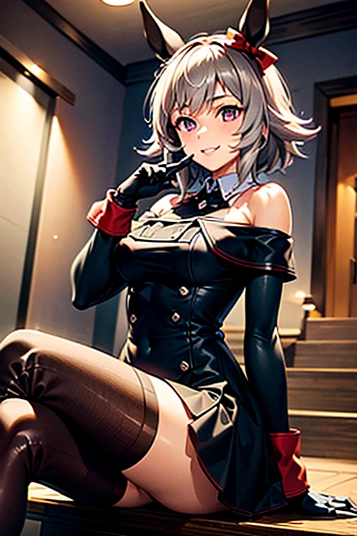 (masterpiece),(best_quality),detailed,(Hiiragi Shinoa:1.2),solo,purple_hairs,smirk,sidelocks,red_eyes,hair_bow,squinted_eyes,straight_eyelashes,knee_highboots,smile,black_serafuku,absurdres,bedroom background, <lora:ShinoaHiragi_Lora:1>, <lora:add_detail:0.75>,