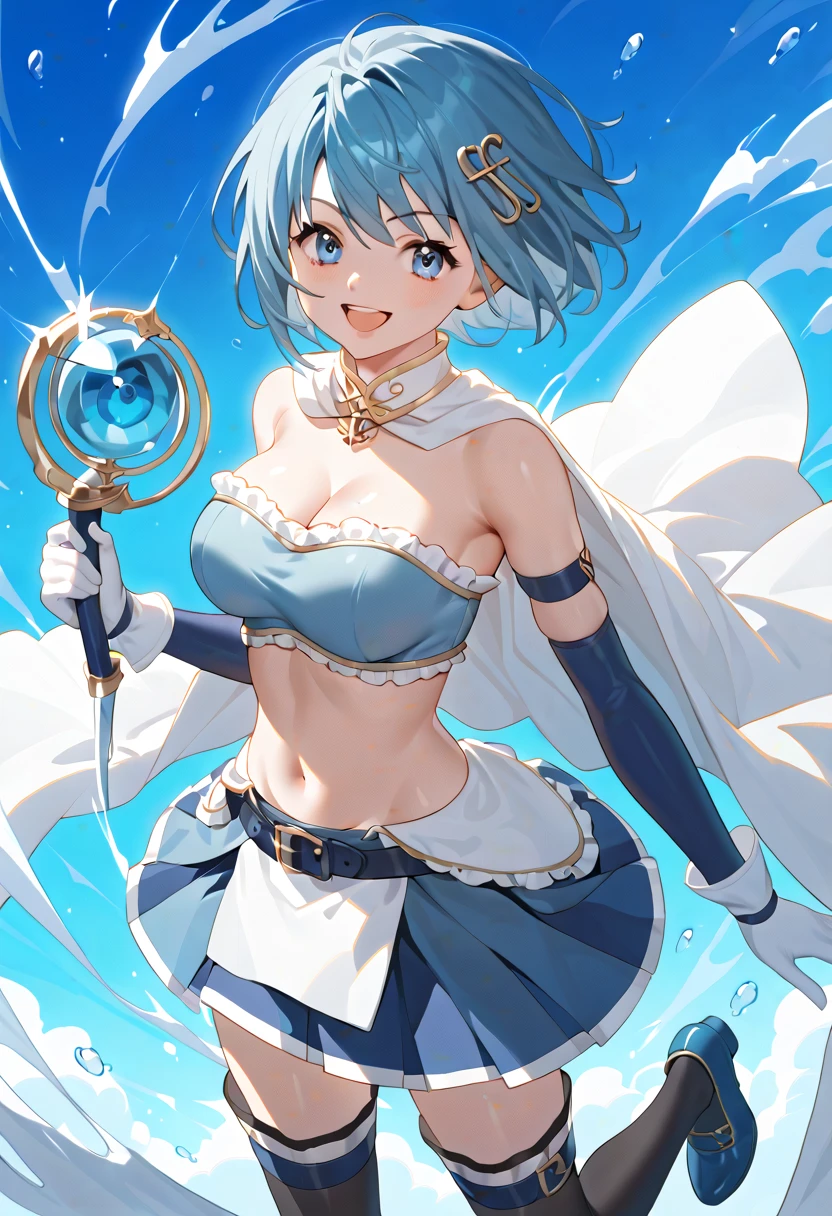 NSFW,((One Man and One Woman,Having sex)),vaginal,SEX,standing split,tiny girl,((bared chest)),short light blue hair,Heterochromia,(a green eye and a blue eye),Tiara on the head,Smile with open mouth,Revealing clothes,Lori,small tits,Curvaceous,Top image quality,Best Quality,masutepiece
