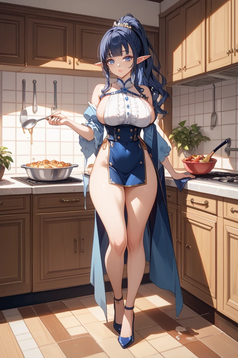absurd, 8k, high resolution, ultra detailed, vivid colors, wallpaper, perfect lighting, beautiful skin, perfect shadows, beautiful eyes, detailed eyes, detailed face, beautiful face, masterpiece, best quality, detailed clothing, full body , you can see the girl's entire body, ganyu genshin impact, tall woman, face with a tender and embarrassed expression, she is in a kitchen, huge breasts, oppai, huge thighs,