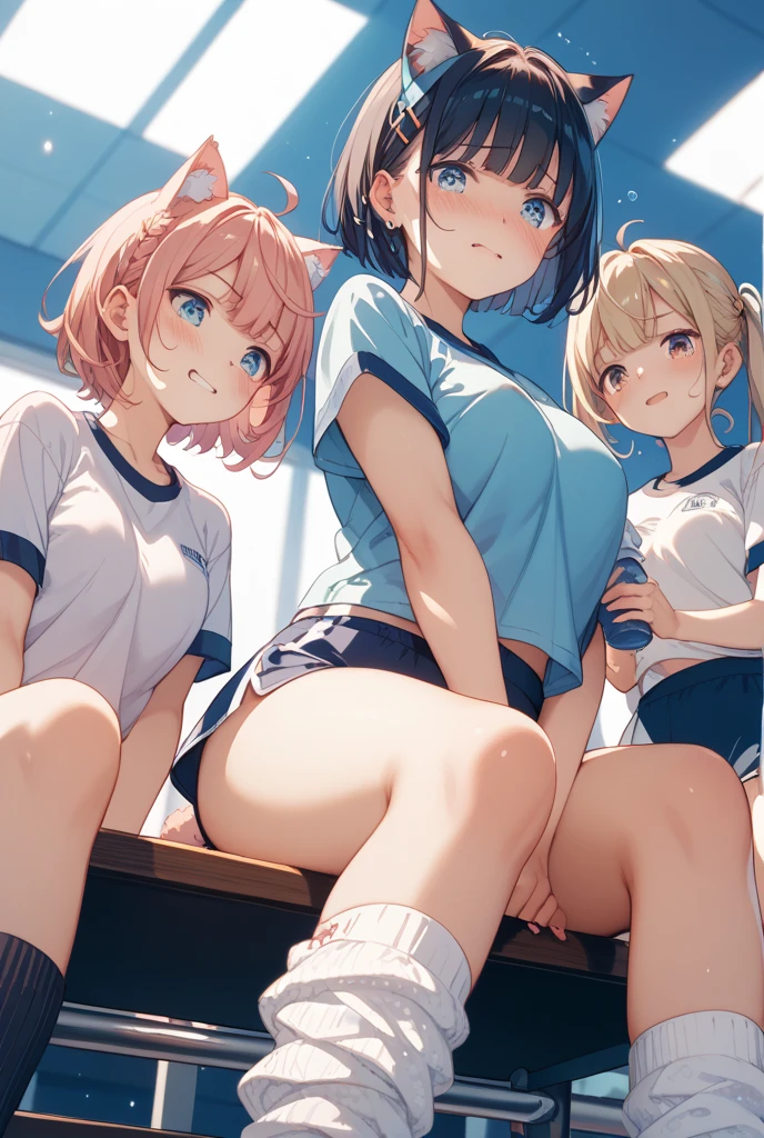 Squatting,from front, {{{Show off panties:2.0}}},Focus on panties,school shirt,, Wide Angle
 ,(masuter piece, Best Quality),absurderes, (3girls),Squat,Eight-headed body, School Locker Room, Mini skirt,, pleated skirt,Dark blue pleated skirt,{{White loose socks}},NSFW,looking down at viewer,grin,Frightened,furrowed brow,{Clenched_teeth:1.1},{Shaded face},((masutepiece,hight resolution)), The best lighting, Best Shadows,low angles,Shoot from below,BREAK (masutepiece:1.2), Best Quality, High resolution, Unity 8k wallpaper, (Illustration:0.8), (Beautiful detailed eyes:1.6), extra detailed face, Perfect Lighting, extremely details CG, (Perfect hands, Perfect Anatomy)