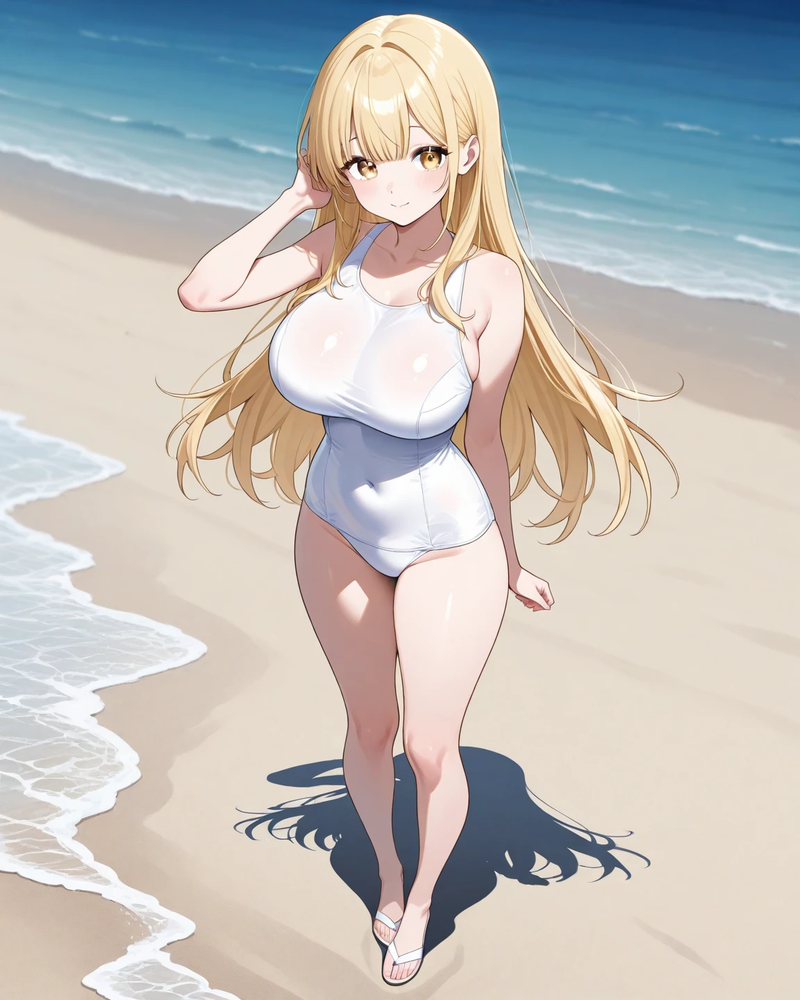 1 girl, blonde, long hair, doya face, grin, mekosuji, mature, big breasts, (micro bikini: 1.4), sea background, full body, model figure, standing, NSFW, bare feet, bare legs, bare shoulders