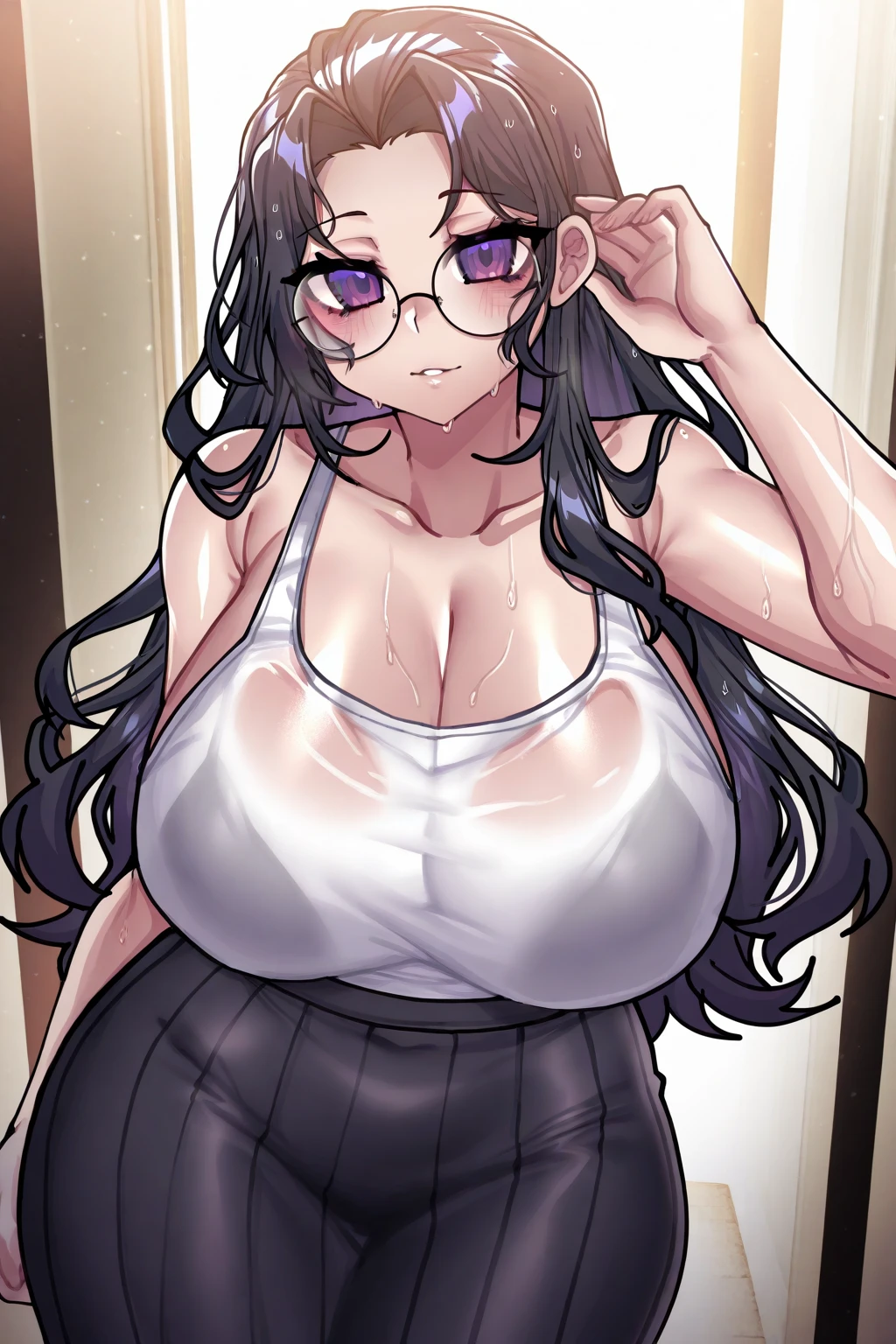 1 girl, standing alone, long hair, gazing at viewer, ssmile, breasts big, chemise, mitts, neckleace, bared shoulders, jewerly, purples eyes, cabelo roxo, pantyhose, aretes, shorts, oculos de sol, Glasses on the head, purple backdrop, round glasses, purple mitts, 