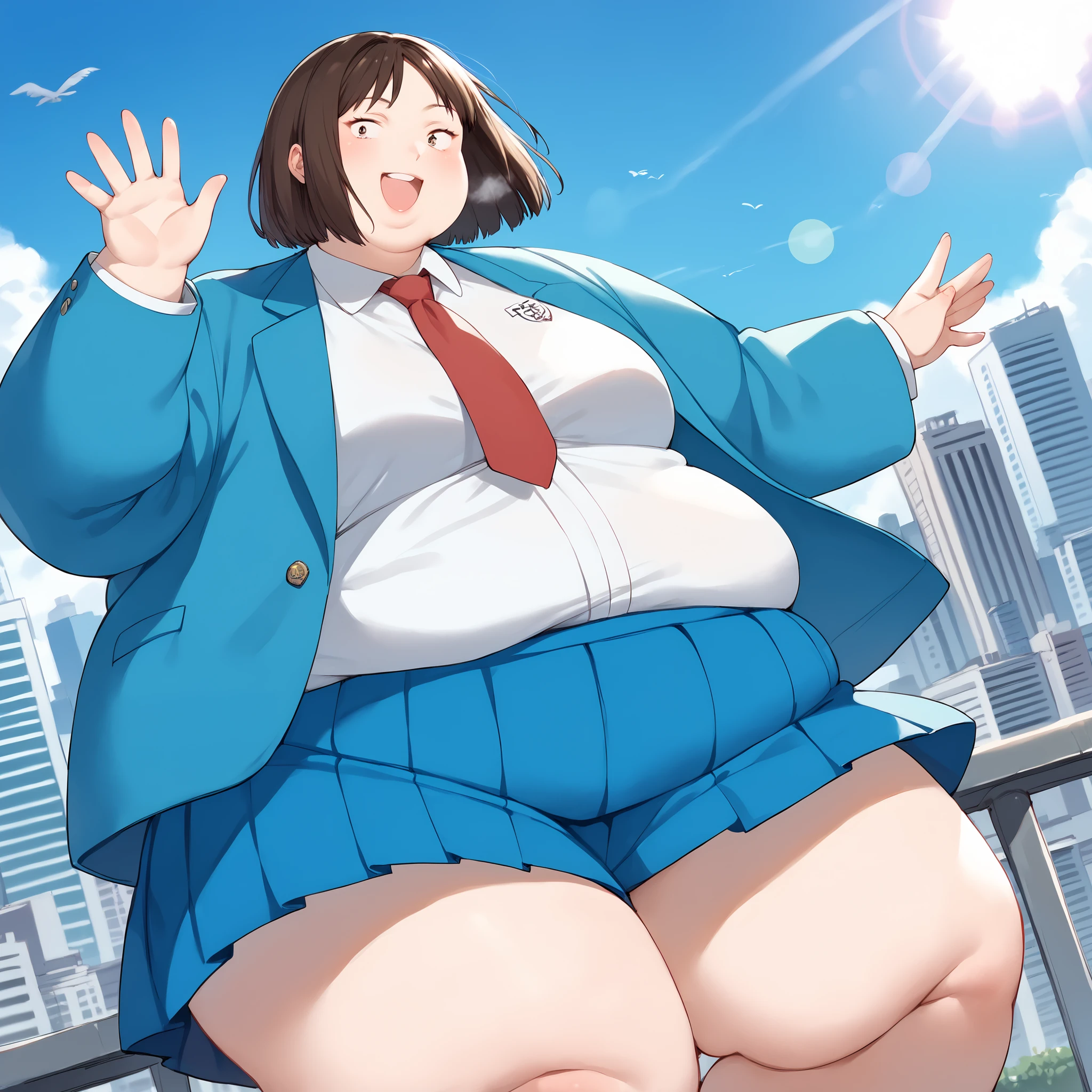 score_9, score_8_up, score_7_up, score_6_up, score_5_up, score_4_up, source_anime, rating_safe, BREAK mitsumi, 1girl, brown hair, bob cut, (sanpaku), (brown eyes:0.5), small breasts, blue blazer, white shirt, red necktie, blue skirt, pleated skirt, standing, waving, city, closed mouth, looking at viewer, smile, dutch angle, sunlight, lens flare, cityscape, cloud fat, chubby, obese, gigantic arms and legs, large breasts open mouth, out of breath