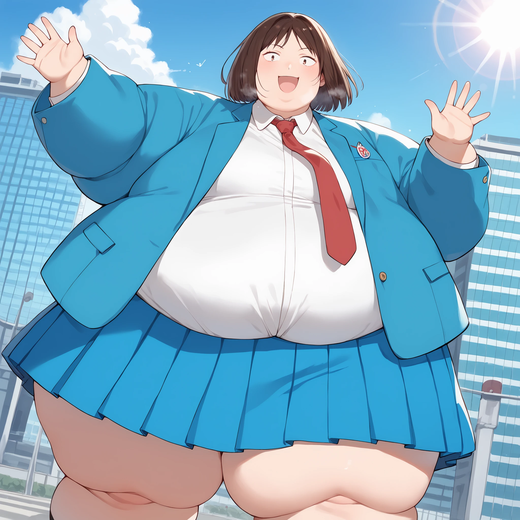 score_9, score_8_up, score_7_up, score_6_up, score_5_up, score_4_up, source_anime, rating_safe, BREAK mitsumi, 1girl, brown hair, bob cut, (sanpaku), (brown eyes:0.5), small breasts, blue blazer, white shirt, red necktie, blue skirt, pleated skirt, standing, waving, city, closed mouth, looking at viewer, smile, dutch angle, sunlight, lens flare, cityscape, cloud fat, chubby, obese, gigantic arms and legs, large breasts open mouth, out of breath