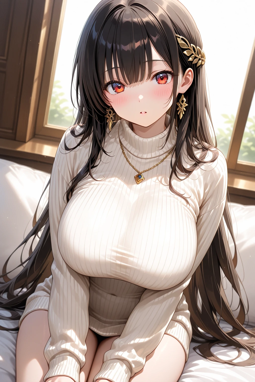 ((masterpiece)), (best quality), beautiful, extremely detailed face, perfect lighting,ultra-detailed,((smiling)),((cheer attitude)),((tsurime)),((tareme)),breasts,((Mature female)),((hu tao, long hair, smile, bangs, (big breasts:1.2), red eyes, brown hair, wearing a sweater, laying down in the bed, full body, fixed arm