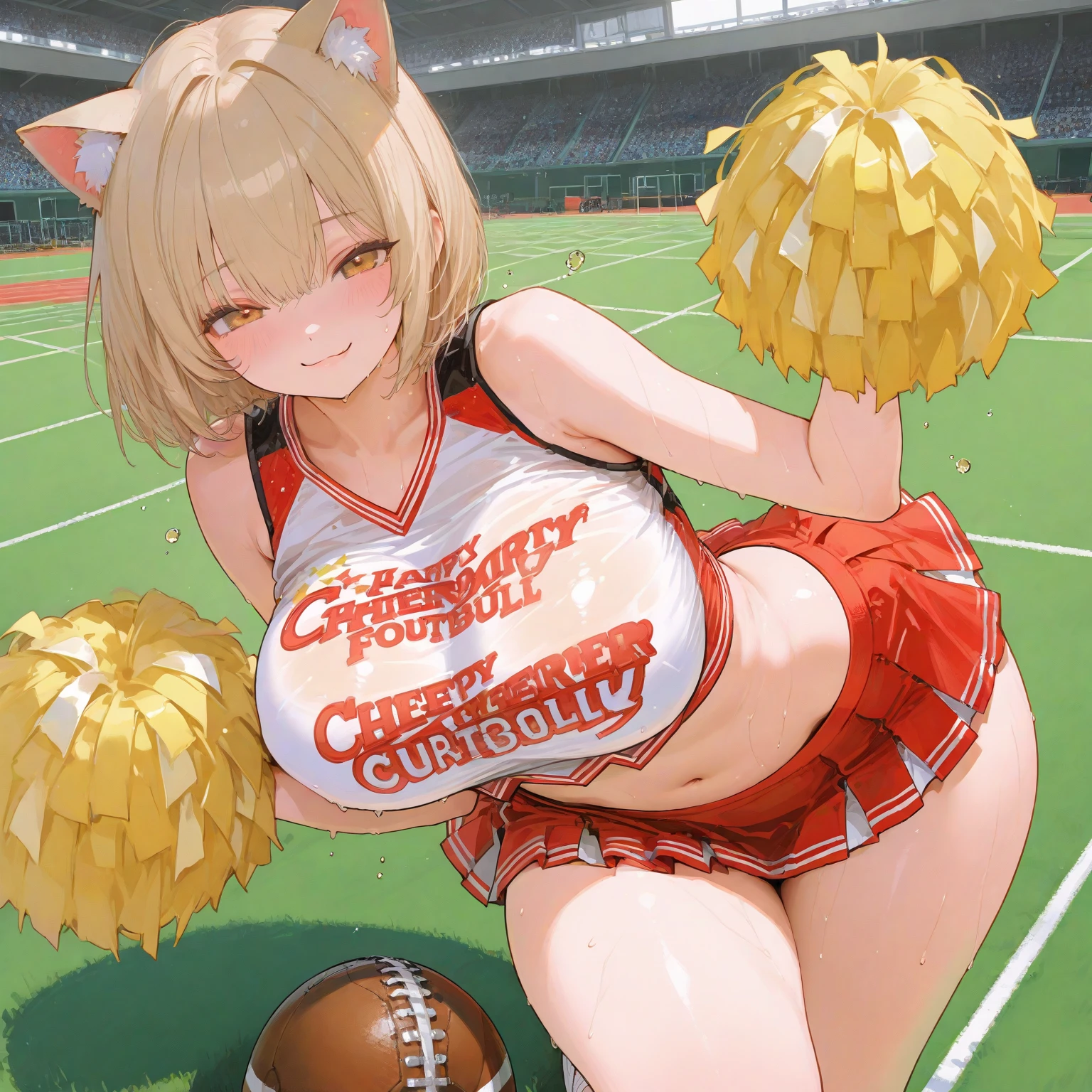 a beautiful female cheerleader, red cheerleader costume, red skirt, white bra and panties, ecstatic face, close eyes, lying, spread legs, raise leg, bare breasts, bare nipples, focus crotch, stadium, masterpiece, anime illustration, high quality,two side up,grey hair,white hair,animal ears,red hairpin:1.3,red ribbon,red eyes,orange eyes,yellow eyes,small breasts,