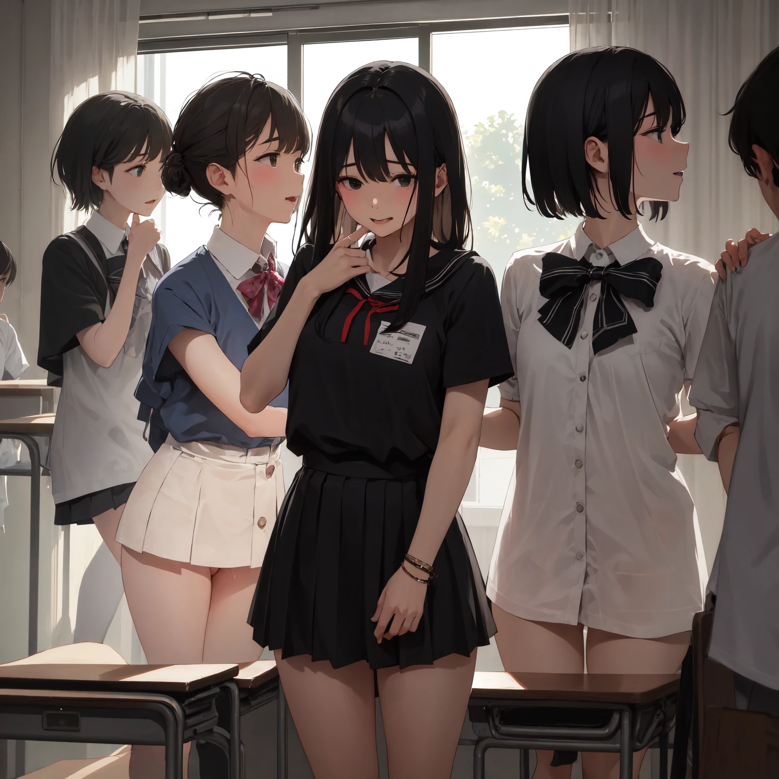 (masterpiece,best quality,high quality,ultra detailed,extremely detailed,ultra high res,best aesthetic,8k),(((clothing stripped))),(((nude))),(mature,15yo,beautiful girl,cute girl),(((beautiful black eyes))),((beautiful black hair,medium hair,straight hair)),(((nose blush,surprised,sweat,open mouth))),(((in classroom))),(((middle breast))),(((nude)),(((topless、bottomless、White knee-high socks))),(((2girls))),(((standing))),(((Hide your buttocks with your hands))),(((from behind)))