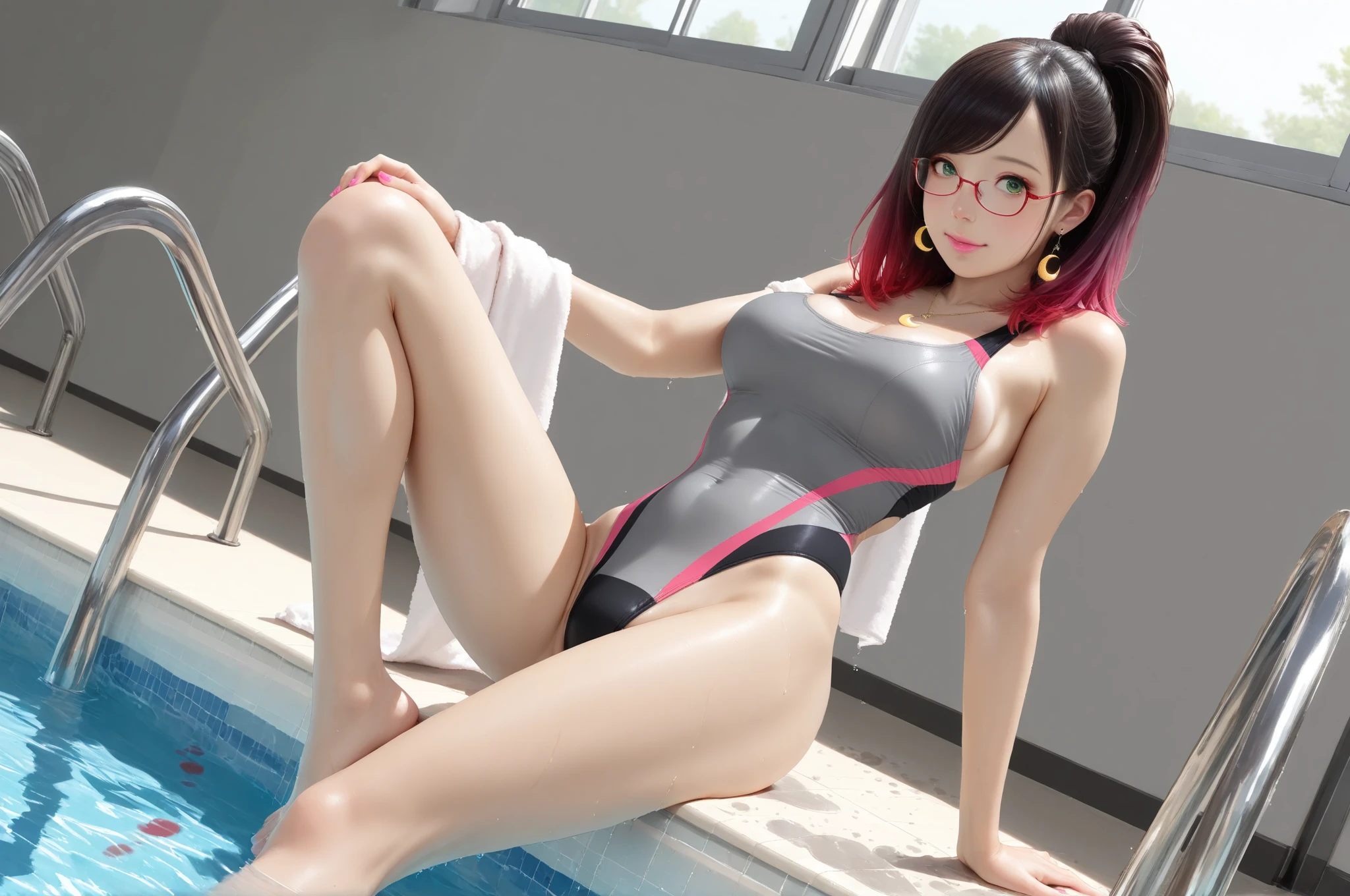 25 year old Japanese woman,((Rimless Glasses))(((Short black hair)))(((Pixie Cut)))(((Wearing a competitive swimsuit)))(Highly detailed skin),Curvy,,美しいBig Breasts,(Big Breasts),Accentuate your cleavage,Pale skin,Pointed Chest,Erect nipples,(Fantasy art,Best image quality,Hyperrealist portrait,(8k),Ultra-realistic,最high quality, high quality, High resolution, high quality texture,Attention to detail,Beautiful details,detailed,Extremely detailed CG,detailed Texture,Realistic facial expressions,masterpiece,in front,dynamic,bold)(Very thin hair),(Very soft hair),(Super Straight Hair:1.5), sleek bangs,Very light coppery amber hair,Hair in one eye、Her clothes fit her body perfectly......((Crouched down with his back to the viewer))、((Squat))、Drawing from behind、whole bodyを描く、whole body
