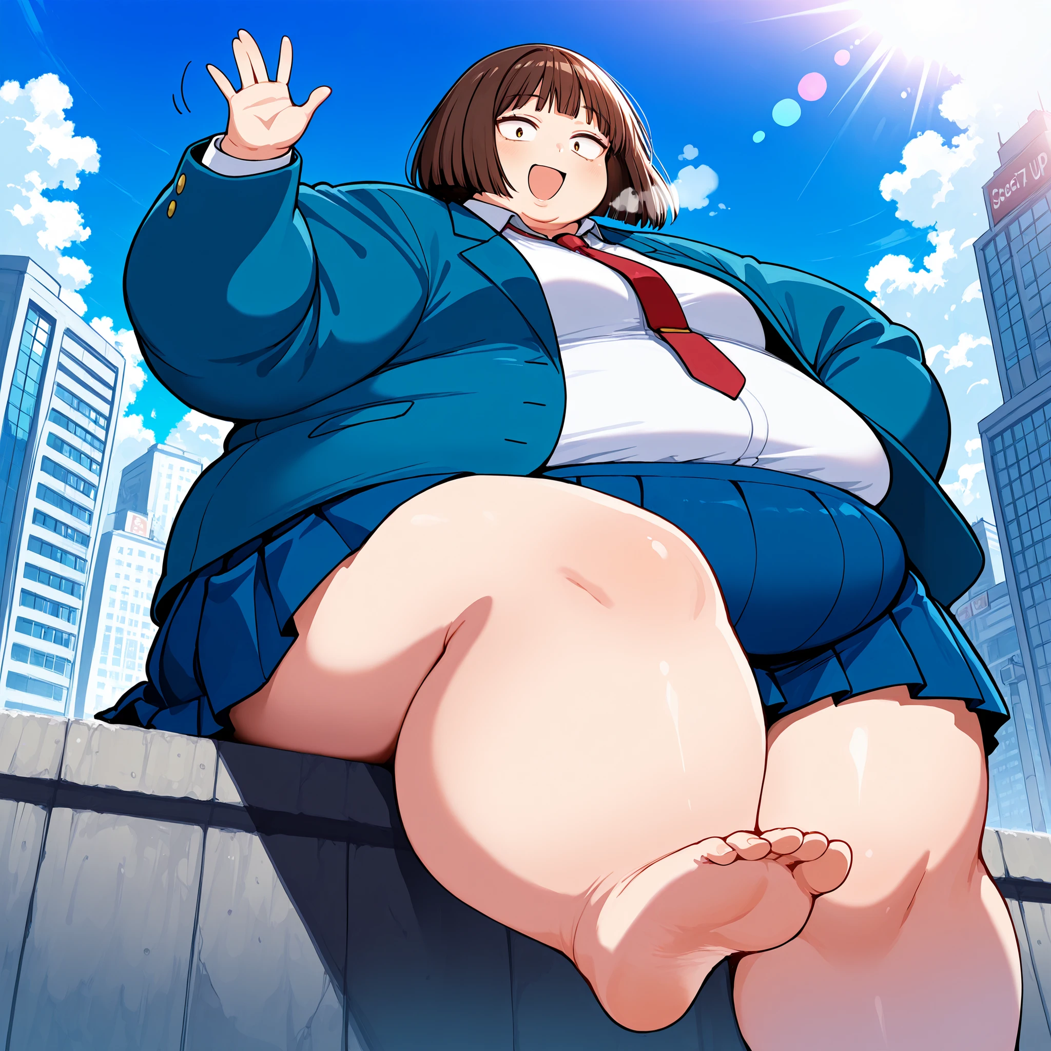 score_9, score_8_up, score_7_up, score_6_up, score_5_up, score_4_up, source_anime, rating_safe, BREAK mitsumi, 1girl, brown hair, bob cut, (sanpaku), (brown eyes:0.5), small breasts, blue blazer, white shirt, red necktie, blue skirt, pleated skirt, standing, waving, city, closed mouth, looking at viewer, smile, dutch angle, sunlight, lens flare, cityscape, cloud fat, chubby, obese, gigantic arms and legs, large breasts open mouth, out of breath, sitting, showing feet, from below,