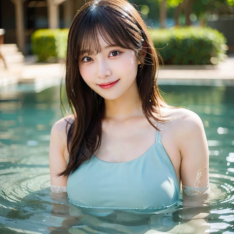 poneyTail.High school students.校服.A smile.Taking a picture of yourself in the streets of New York。swim wears