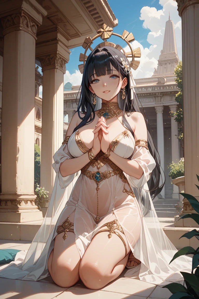 1 beautiful woman, fair skin, long dark hair, blue eyes, medium breasts, wearing translucent white greek toga, elegant, sensual, sideboob, (masterpiece, top quality, best quality, official art, beautiful and aesthetic:1.2), extreme detailed, colorful, highest detailed