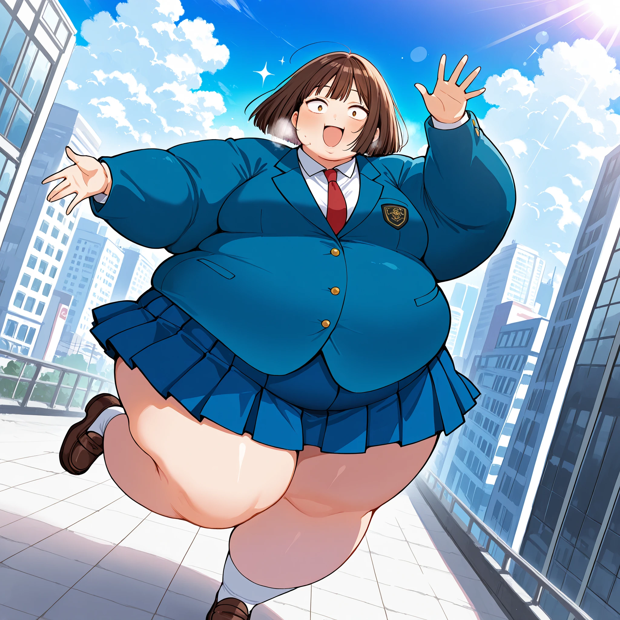 score_9, score_8_up, score_7_up, score_6_up, score_5_up, score_4_up, source_anime, rating_safe, BREAK mitsumi, 1girl, brown hair, bob cut, (sanpaku), (brown eyes:0.5), small breasts, blue blazer, white shirt, red necktie, blue skirt, pleated skirt, standing, waving, city, closed mouth, looking at viewer, smile, dutch angle, sunlight, lens flare, cityscape, cloud fat, chubby, obese, gigantic arms and legs, large breasts open mouth, out of breath, full body shot, standing one leg, incoming hug, puffy cheek, sparkle,