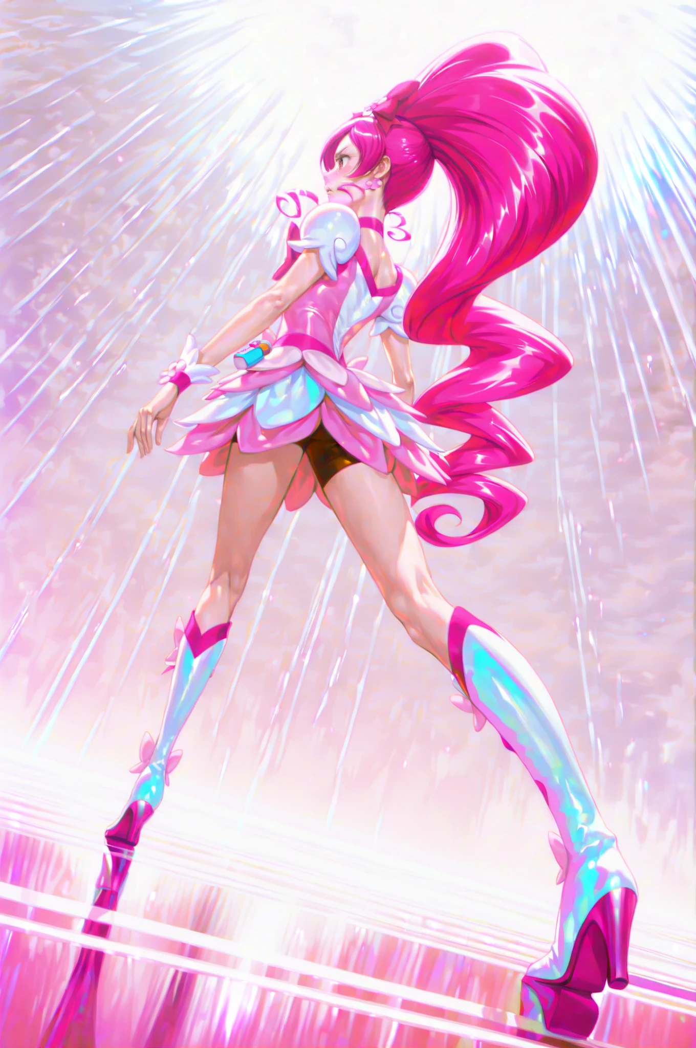 Saint Seiya-style 2D anime touch, lonely world, alone in a fully mirrored room, slim cool beauty girl, toe, full body portrait directly in front of elegant standing, gorgeous and sexy white lingerie, navel, overexposed, high leg, asymmetrical outfit, knee high, protector, pink hair, T-back, ultra-thin lace see-through ultra mini skirt