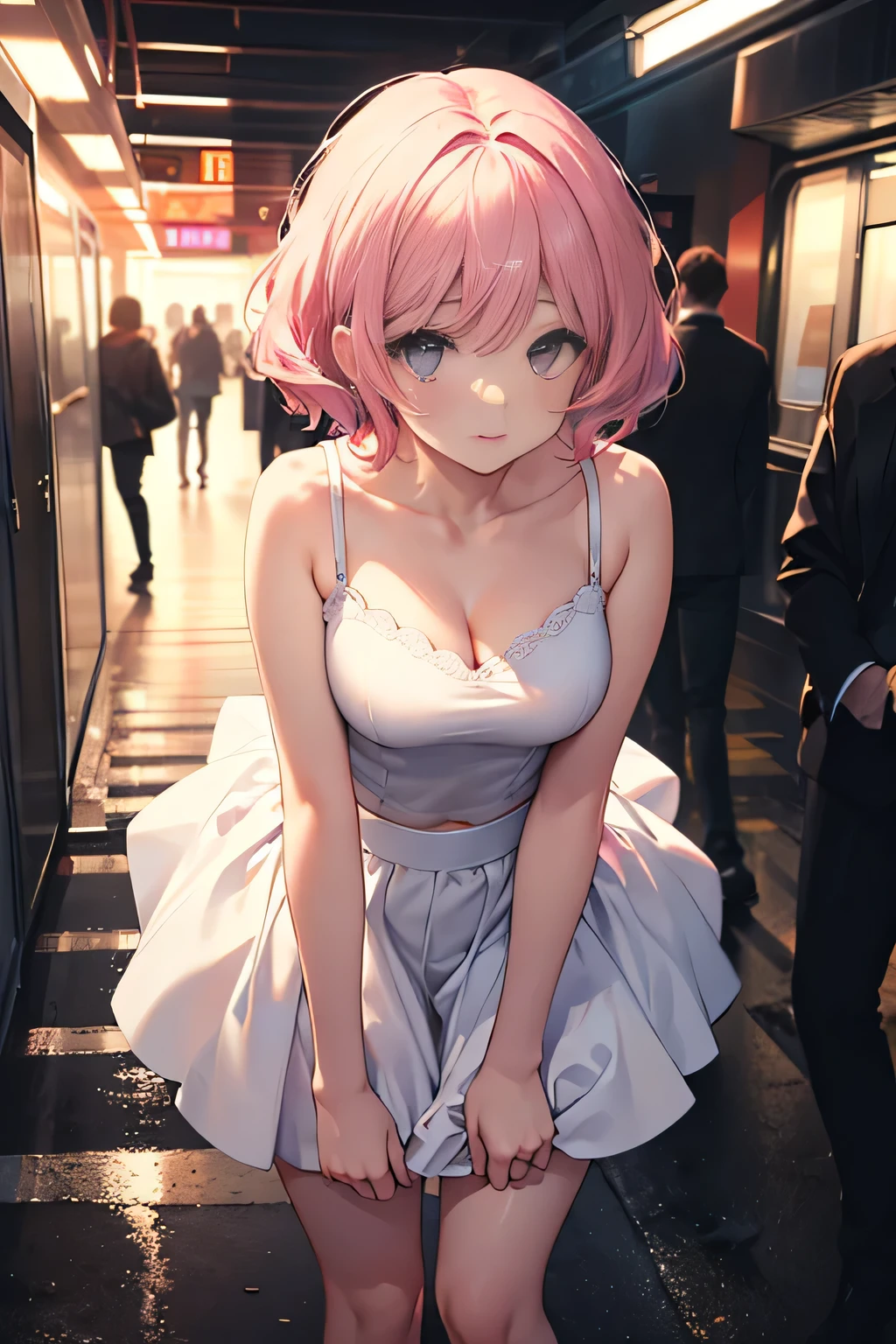 (((Shiny summer dress, skirt))), skindentation, skinny, solo, 1 woman, Masterpiece, highest quality, highest quality, 16K, incredibly absurd, highly detailed, 2.5D, ai-generated, delicate and dynamic, very delicate facial expressions, delicate eye depiction, erotic, only sexy woman, ((A cute and kind face)), healthy figure, ((25-year-old woman)), 160cm tall, medium firm swaying bust, (short hair), (pink hair:1.5), bob cut, black eye, blush, Sweat,Embarrassed,sexy, ((thin thighs)), (camel toe:0.7), (visible nipples:0.3), (Erect nipples,:0.7), shiny and lustrous, facing straight at viewer, (((in heat))), ((Oily_skin)), ((dutch angle)), ((erotic pose)),On a hot city sidewalk in midsummer,
