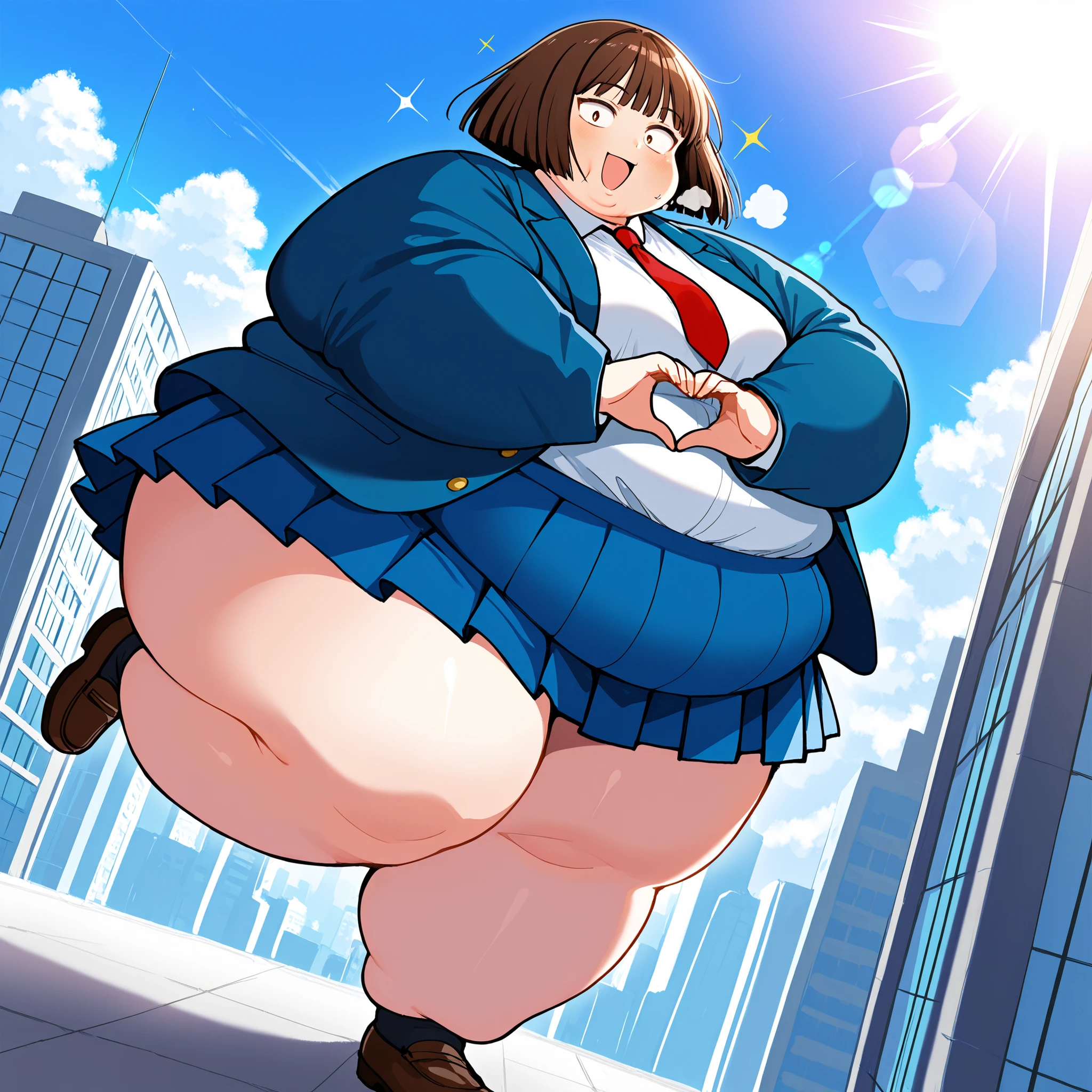 score_9, score_8_up, score_7_up, score_6_up, score_5_up, score_4_up, source_anime, rating_safe, BREAK mitsumi, 1girl, brown hair, bob cut, (sanpaku), (brown eyes:0.5), small breasts, blue blazer, white shirt, red necktie, blue skirt, pleated skirt, standing, , city, closed mouth, looking at viewer, smile, dutch angle, sunlight, lens flare, cityscape, cloud fat, chubby, obese, gigantic arms and legs, large breasts open mouth, out of breath, full body shot, standing one leg, heart hands, puffy cheek, sparkle, from side,