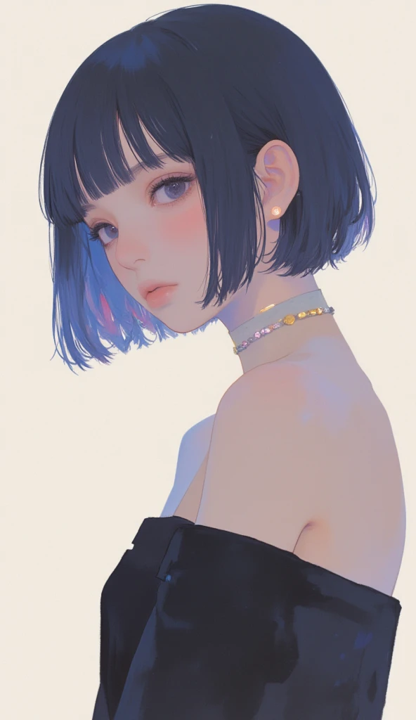 1girl, bangs, asian girl, bare shoulders, black choker, blue hair, black nails, blue eyes, blue hair, bob cut, breasts, choker, cleavage, collarbone, grey background, lips, medium breasts, nail polish, parted lips, short hair, smile, solo, tank top, upper body, white tank top