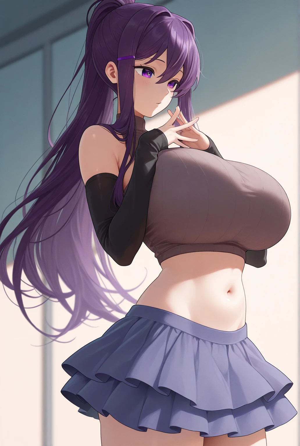 (Come_Shoko), (masterpiece), best quality, Expressive eyes, Perfect face, high resolution, (8K), (Perfect face), (Ultra Detailed), 1 girl, Solitary, terry bogard girl, Large Breasts, Purple Hair, Ponytail, Purple Eyes, Long hair, Baseball cap, Fingerless gloves, Denim shorts, shoe, blush, Frightened, painfully, Open your mouth, Room Background, Don't pose, permanent, portrait, Looking at herself,Thong,Camel toe