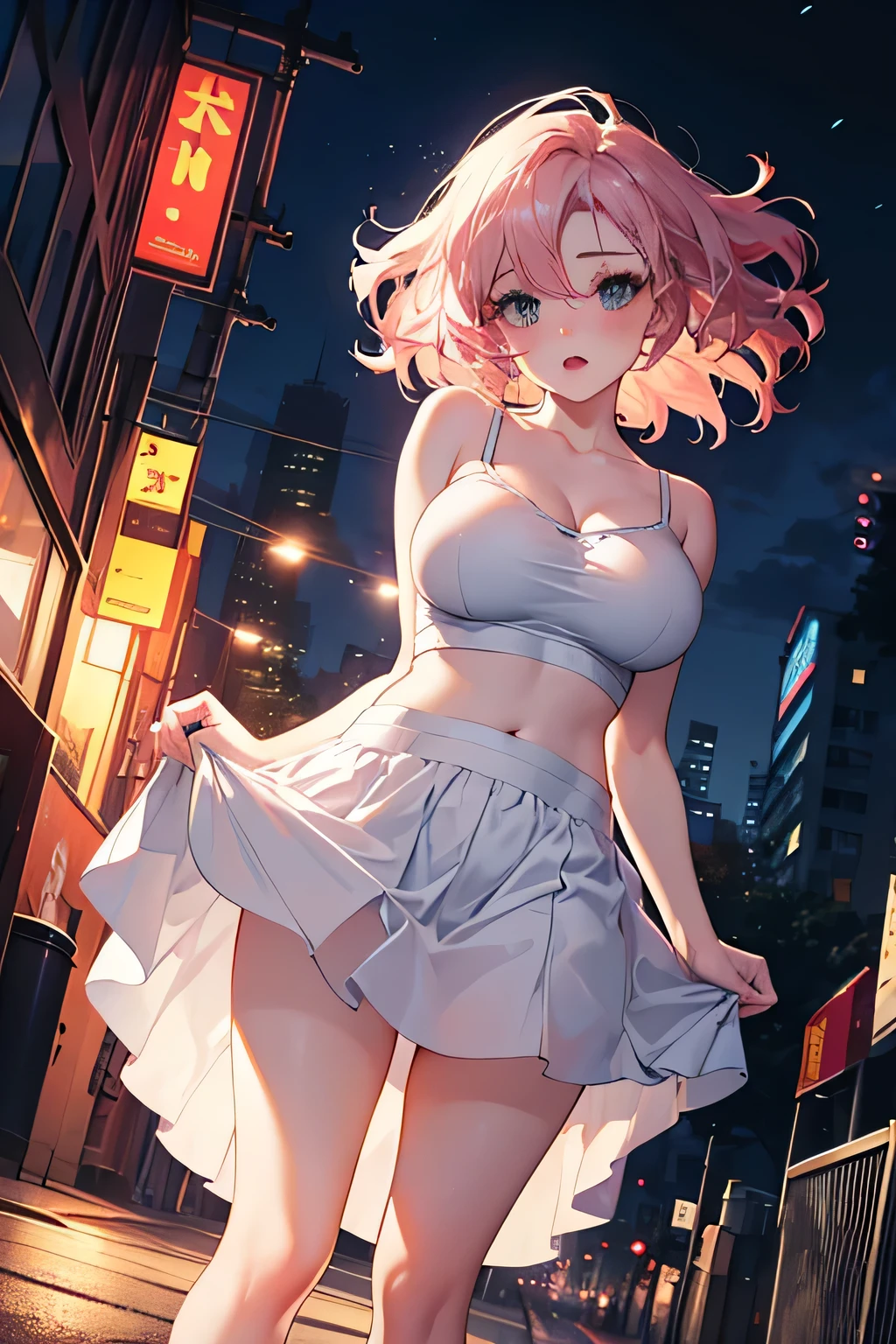 There is a 20-year-old woman wearing a white one-piece tight dress，The wind blew the bottom of the female child's skirt，Wearing a pair of white thongs, Fair skin，huge tit，Buttock augmentation，Dirt with long legs，Fitness model，Ruddy cheeks，perspire，Sweaty，Clothes are soaked，Wheezing，Holding a pink handkerchief in his hand，Stand on the road，In front of the public