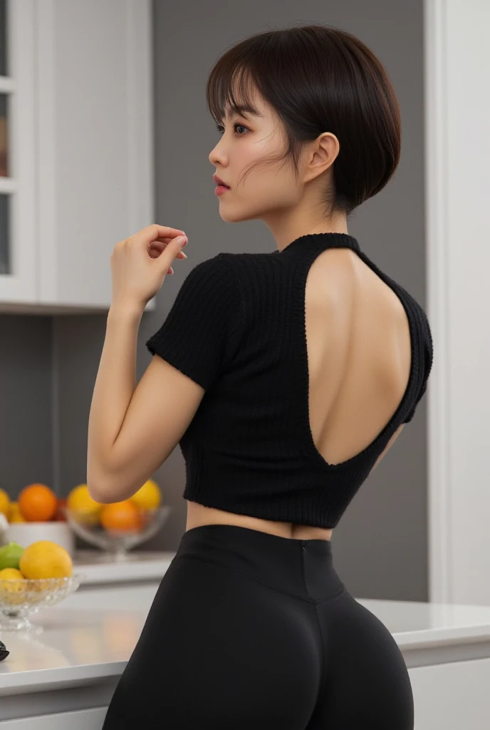 A beautiful lady, wearing transparent shirt, perfect body proportion, medium size breast, skinny abs, curved hips, sexy protruding ass, loose trouser, face detailed, outfit detailed, kitchen, big ass, sexy pose, ((flowing trouser)), orange, satin, shiny body, toned body, butt to camera