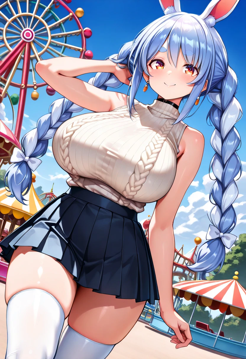 Hentai、High resolution、smile、Pretty Cure、Sora Hallewatar、A blue-haired, chubby, big-breasted magical girl spreads her legs at an amusement park on the roof of a high-rise building、A lewd dress for a magical girl with frills、Perfect proportions、Cowboy Shot、Belly button、Fatty thick legs、Sweaty、Clear eyes