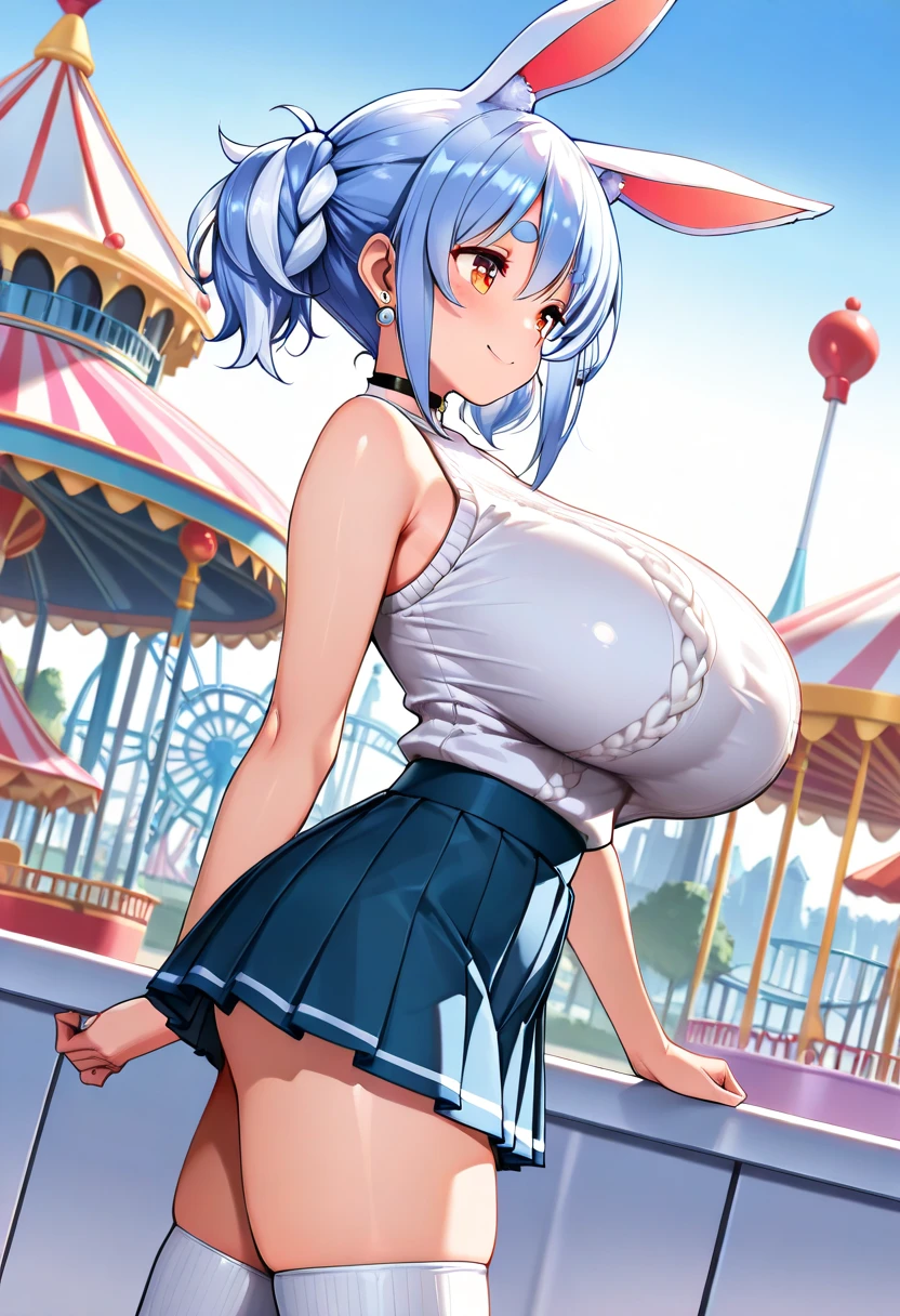 ((masutepiece, top-quality, hight resolution,1girl in,plein air, sitting on, Benches, shiny glossy skin, Huge boobs)), Coffee on the desk,
hair_Over_One_eye, bridfx, brid_nikke, Blue tie, Sleeveless,perfect hand