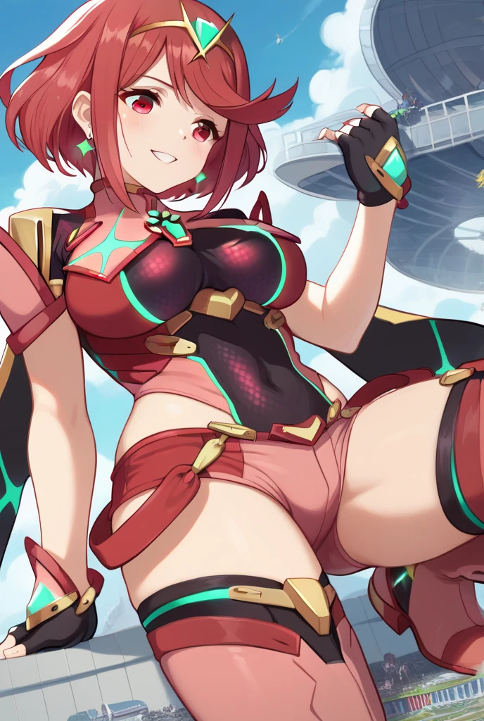pyra \(xenoblade\), teen_1girl, loli, bangs, black gloves, breasts, red eyes, shout, earrings, eyelashes, fingerless gloves, floating hair, , gem, gloves, hair ornament, headpiece, jewelry, big_breasts, leaning back, swimsuit, neon trim, official art, pose, red hair, saitou masatsugu, short hair, sidelocks, skin tight, solo, swept bangs, thighhighs, tiara, fantasy_town_background, underbust, xenoblade chronicles \(series\), (xenoblade chronicles 2), (spread_legs:1.1), fire_effect,dynamic_pose,fighting,light_smile, (plump:1.1), big_ass,huge_sword, hold_large_sword_hilt, covered_nipples, covered_pussy, fists,ponytail,beautiful_fingers,(solo:1.1), bare_shoulder,(shoulder_naked:1.2), nipple_jewel,