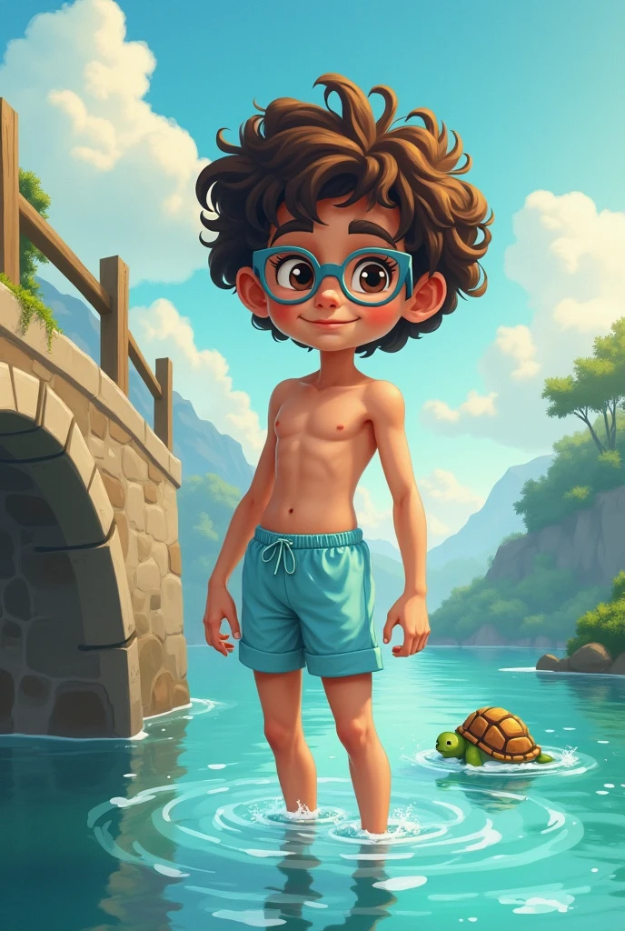 milo_thatch, regata, pants, olhando para o espectador, Arms full of veins, glasses, parede de pedra, realista, serio, Serious expression, sujo, suado, menino
