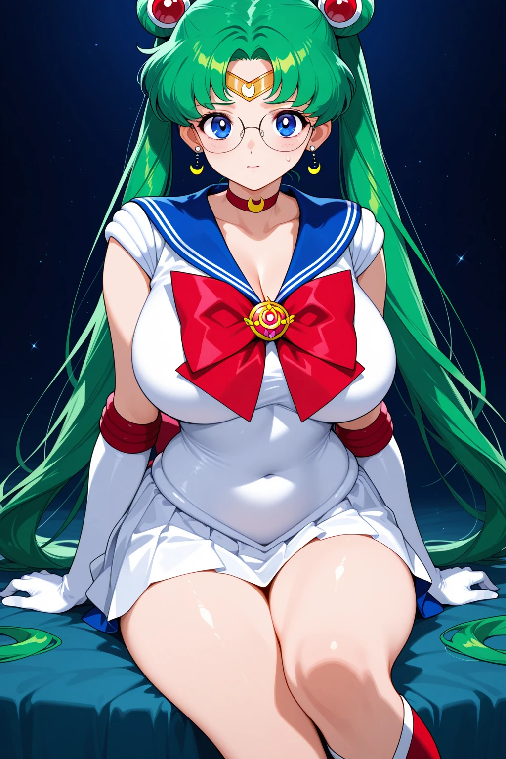 One Woman、Braided twin tails、Huge breasts、(Huge breasts:1.8)、Glasses、blue eyes、Green Hair、,((Sailor Warriorini skirt))、((Embarrassed expression))、((full moon))、((Picture below))、((Thigh-high boots))、((length))、((White length Gloves))、((White panties))