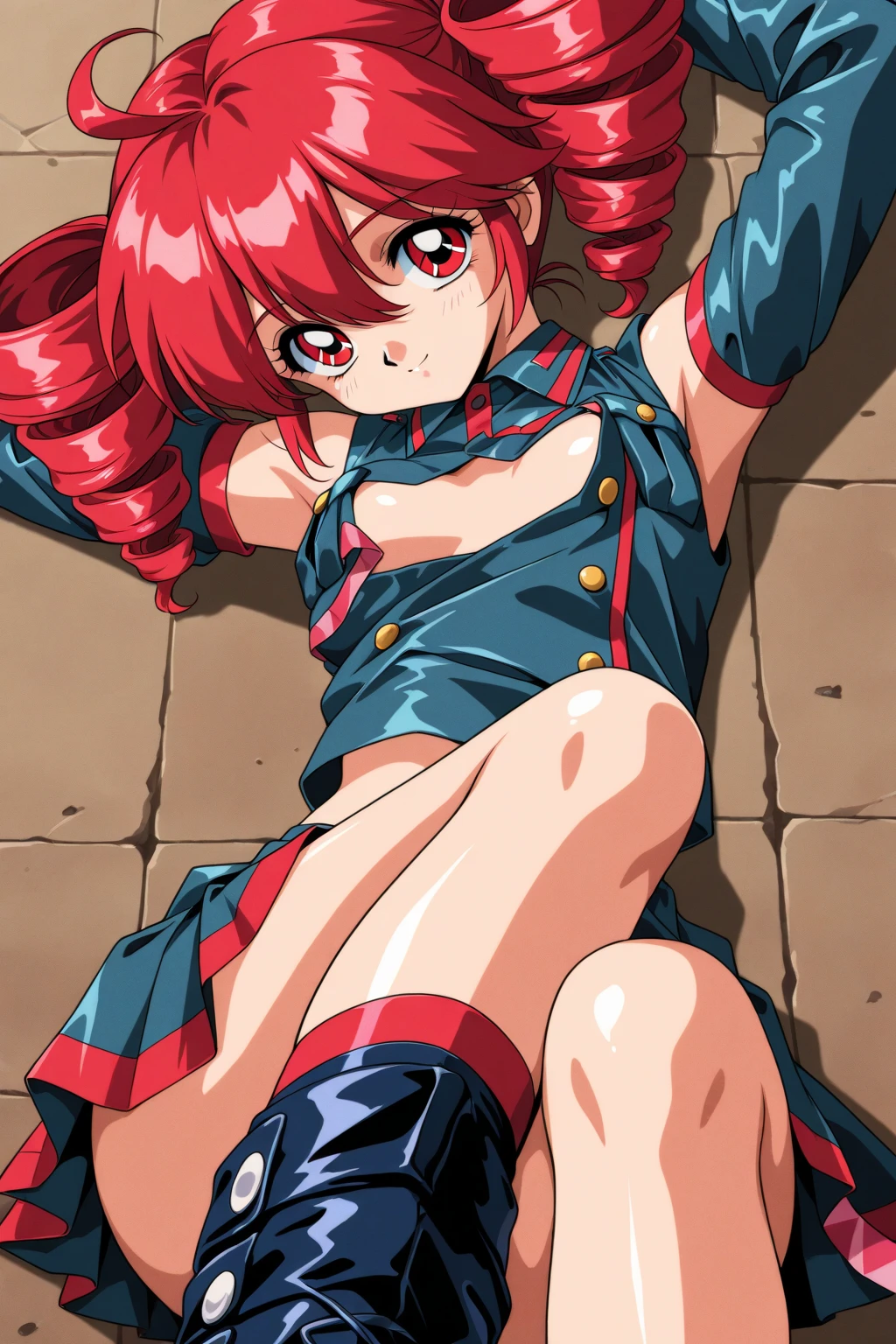 (((Highest quality)), ((masterpiece)), (detailed), prison, One person, akanechan,  ((((from below:1.3)))), femdom, dominatrix, ((looking at viewer)), school uniform, kneehighs, loafers, female squatting, ((evil grin)), open legs, pee, peeing, pissing,  ((stare at viewer with stern eyes)), ((((looking down:1.4)))),