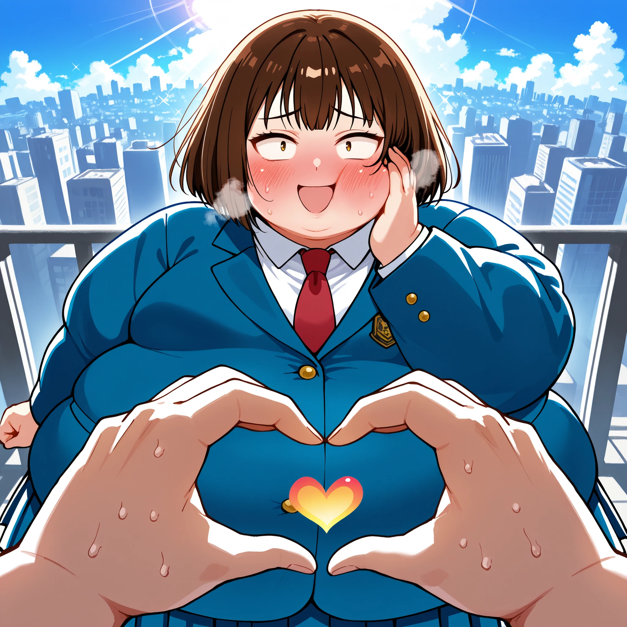 score_9, score_8_up, score_7_up, score_6_up, score_5_up, score_4_up, source_anime, rating_safe, BREAK  mitsumi, 1girl, brown hair, bob cut, (sanpaku), (brown eyes:0.5), small breasts, blue blazer, white shirt, red necktie, blue skirt, pleated skirt, standing, , city, closed mouth, looking at viewer, smile, dutch angle, sunlight, lens flare, cityscape, cloud  heart hands, puffy cheek, sparkle, swollen face, fat, chubby, obese, open mouth, out of breath, absurdres, highres icon, rating:General, confused, blush, {flustered}, nervous sweating, portrait, pov hands, hand on another's cheek, averting eyes, [looking away], straight-on, from above,  upper body, masterpiece, best quality, ultra-detailed, high resolution, 8K, 