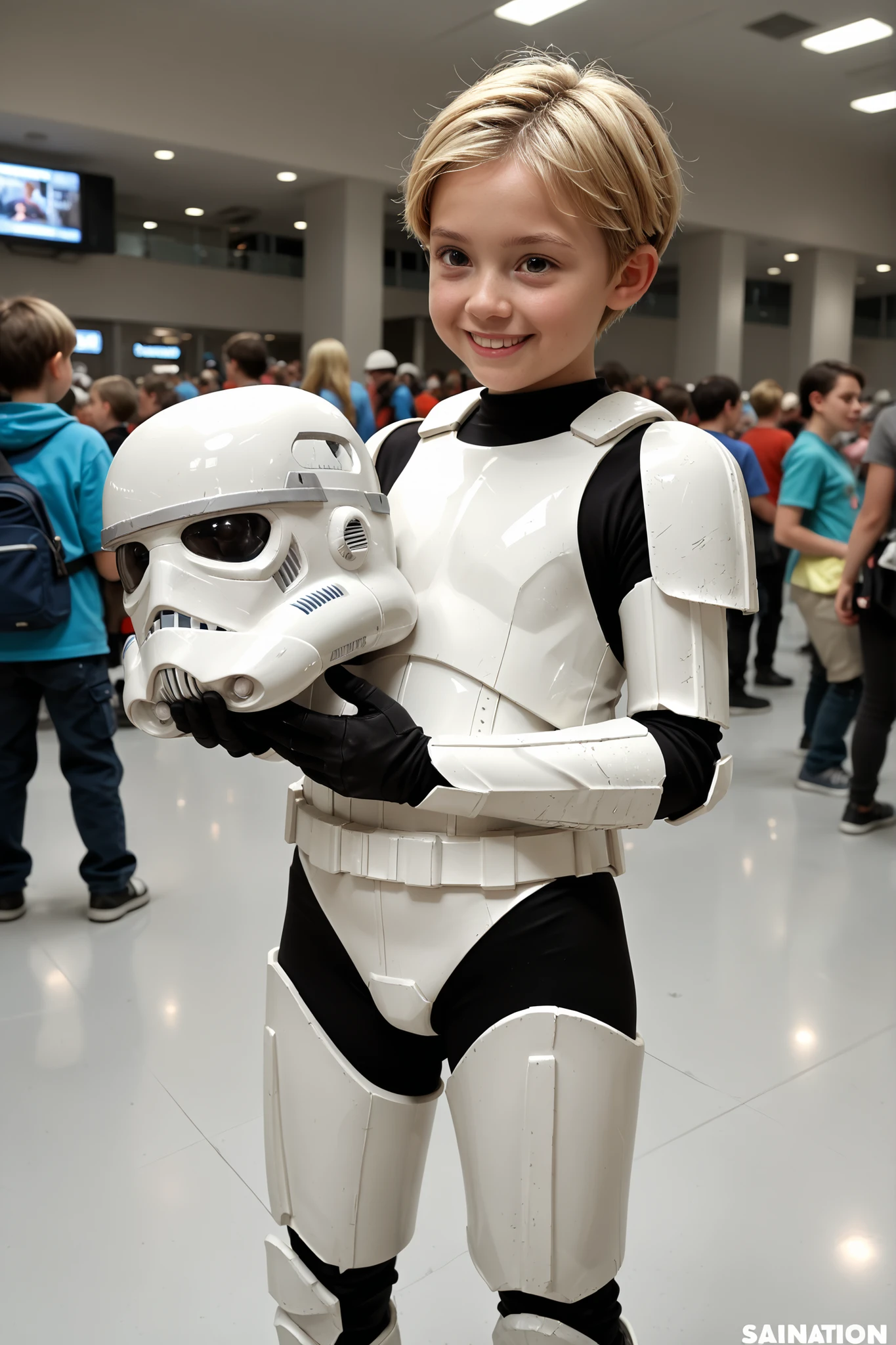 helmet removed, holding helmet,armor, leotard, bodysuit, greaves, black gloves,ctiantk421, solo,,caucasian,girl,((((teen:1.4)))),((((child:1.4)))),blonde hair,very short cut hair,smile,Comic convention