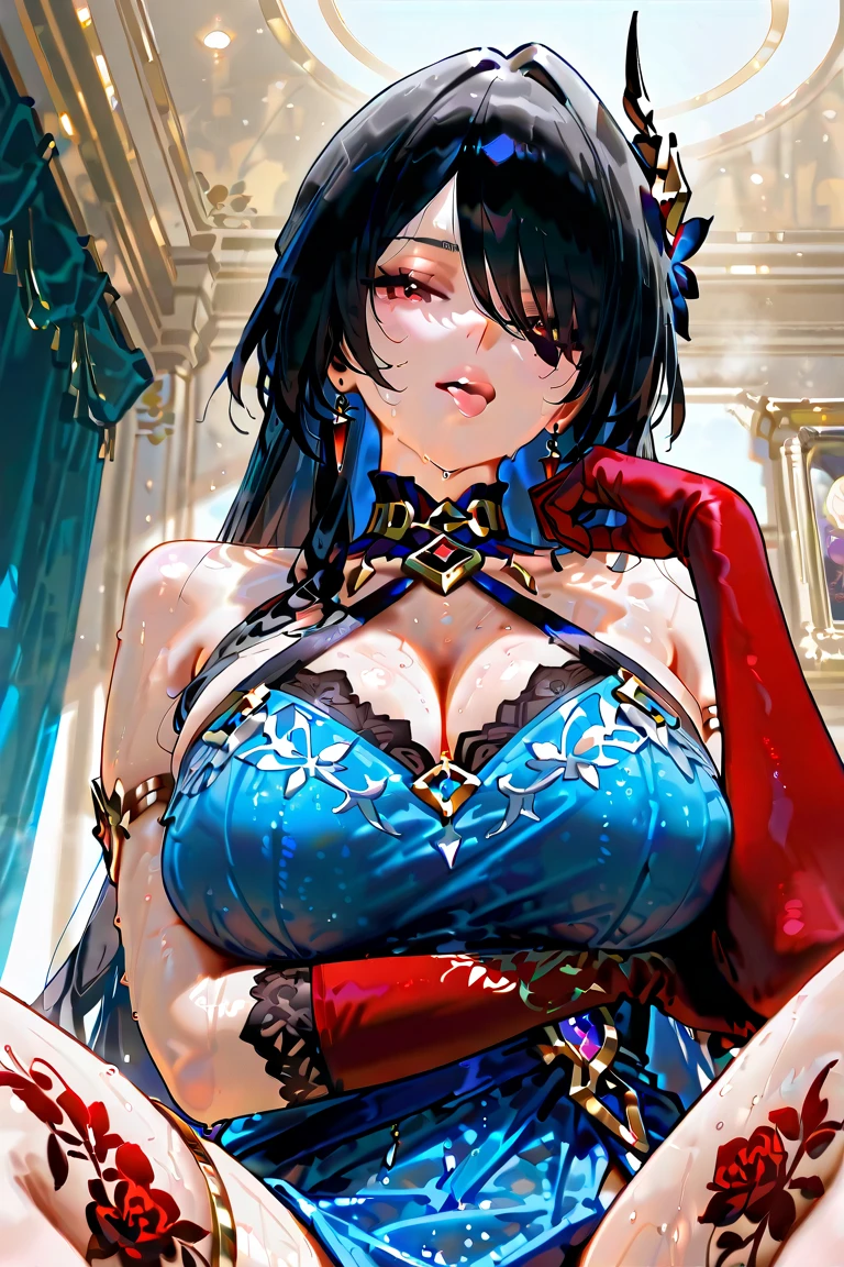 1girl, exaggerated off-shoulder peacock dress, divine lighting, maximalist decoration, flower walls, super details, ((best quality)), ((masterpiece)), black hair, carrying a red sword, shiny red eyes, exuding an aura of authority, beautiful and graceful, (gigantic breasts:1.2),