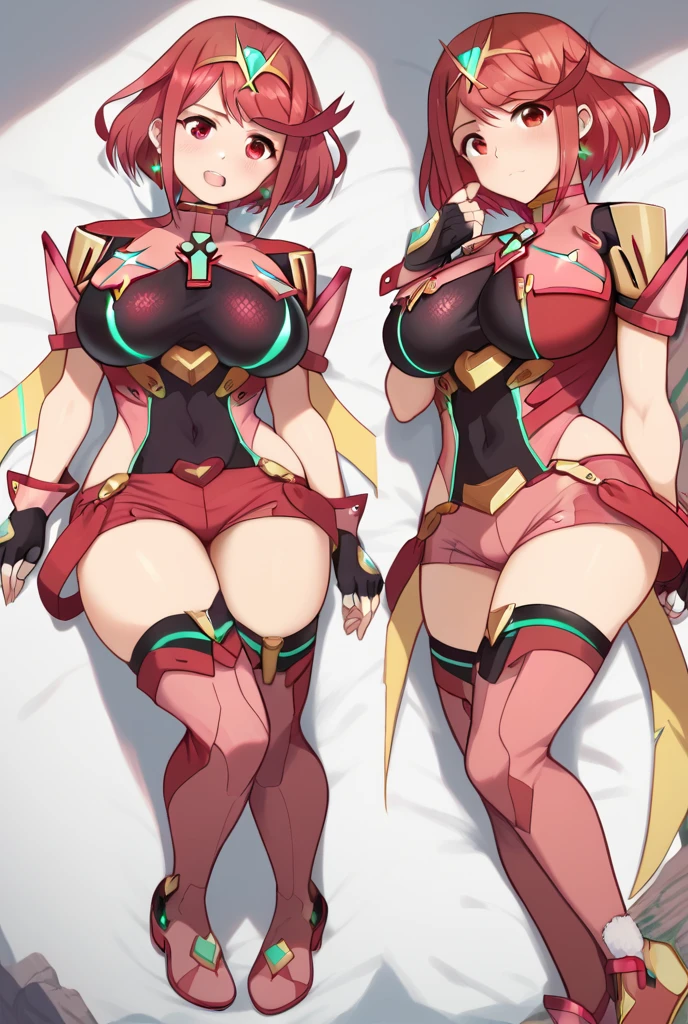 nsfw. score_9, score_8_superior, score_7_superior, anime, 2girl, Homura(Xenoblade2), Red eyes, Redhead, short hair, tiara, Earrings, 胸のgem, High leg leotard, 斜め分けbangs, Hikari (Xenoblade), Long Hair, Blonde, Yellow Eyes, large 胸, gloves, Cleavage, jewelry, dress, bangs, tiara, Earrings, Bare shoulders, Cleavage cutout, Clothing cutouts, Thighsストラップ, elbow gloves, short dress, swept bangs, barefoot, very Long Hair, white gloves, white dress, White footwear, Headpiece, gem, armor, Beautiful Eyes, Perfect Face, Perfect hands, Perfect Fingers, barefoot, hanging breasts, Very beautiful long legs, Thighs, pantyhose, Puffy nipples, Pussy juice, ahegao, trembling, arms behind head, prone bone, cum in pussy, vaginal penis, futanari