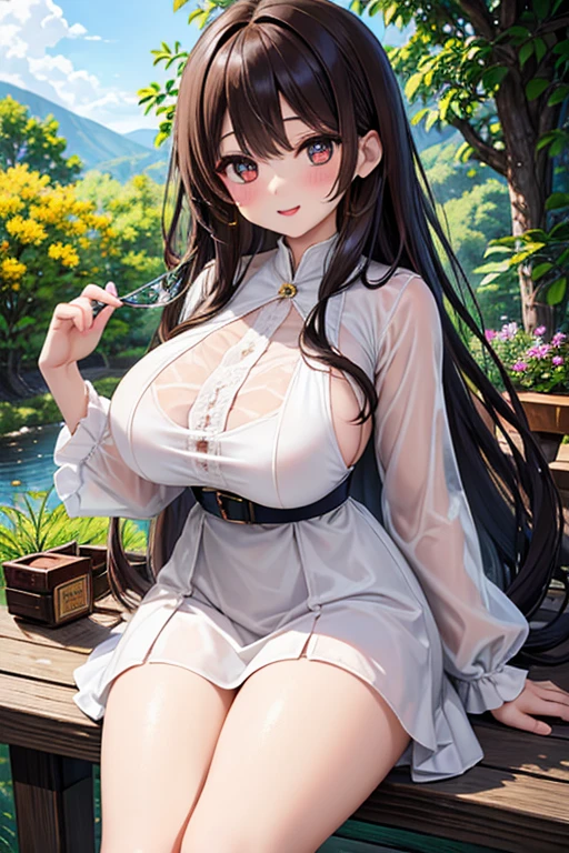 ultra detail,best quality,masterpiece, Mew, 1girl, soro, green_eyes, ribbon, hair_ribbon, long_hair, anime, forest,lake,tree,anime_screencap, white frill blouse,red ribbon,brown hair, ((gigantic breasts:1.3)), curvy body, ((sfw)),