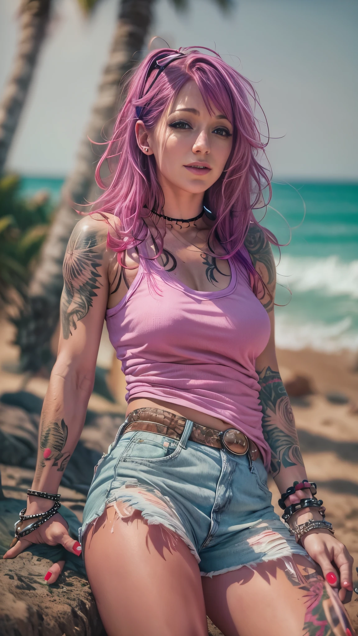 Best quality, photorealistic, 8k, masterpiece, A woman with a tattoo on her arm, tattoo sleeve on her right arm and neck, tattoos and piercings, beautiful female punk,pink and purple hair, choker, heavy bracelets, pastel clothes, florida, miniskirt, pink tank top, bright sunny day, feral grin, heavily saturated photo, in the bayou, everglades, dirty and grimy, mud on clothes and skin, standing in the swamp