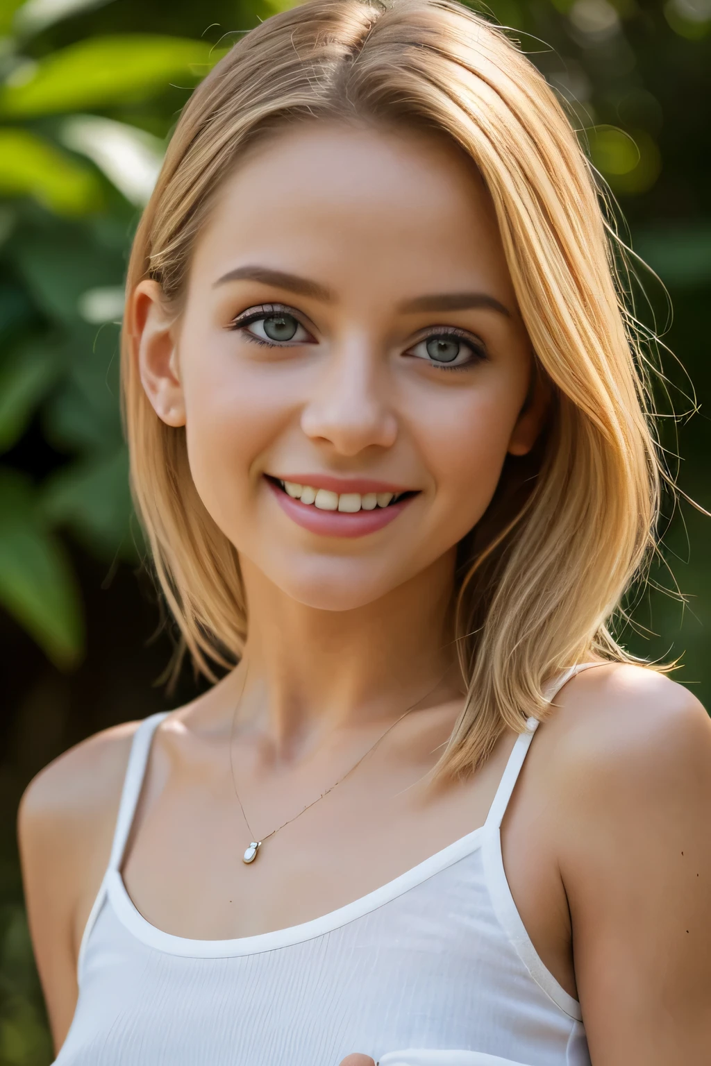“Créez une image haute résolution d’une jolie fille blonde avec des cheveux longs et ondulés, des yeux bleus pétillants et un sourire charmant. Elle doit avoir une apparence douce et naturelle, avec un maquillage léger mettant en valeur ses traits délicats. Elle porte une robe moulante et élégante qui souligne ses courbes, et se tient dans un jardin fleuri sous un ciel bleu clair. Son expression doit être confiante et séduisante, dégageant une aura de charme et d’élégance et dénudée