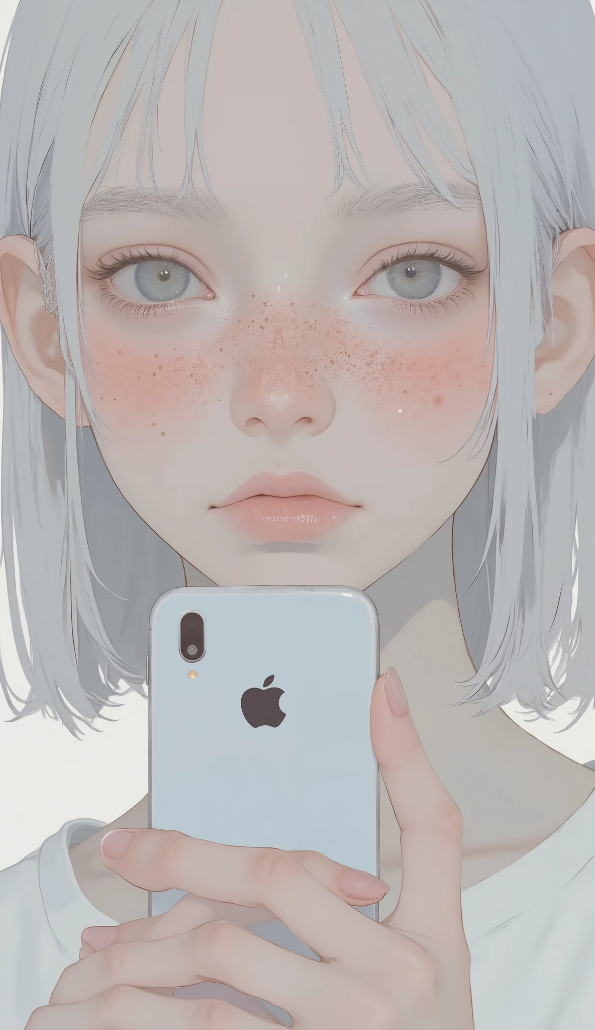 (masterpiece, high quality, best quality:1.1), fantasy style, 
woman, eva, (white hair), , (blue-gray eyes), (freckles), dress,
phonepose, holding cellphone,
extremely detailed, extremely intricate, fine texture, Extremely high-resolution details, detailed hair, sharp focus, vibrant colors, soft lighting,