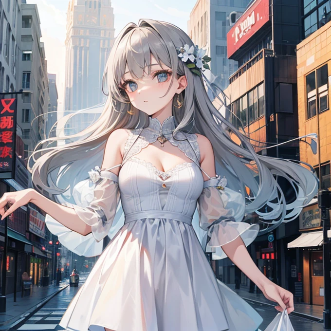 Dynamic posing, dynamic angle,Top quality work，((summer)), Show Legs,8K, photo image, masterpiece,super resolution ,(long silver-purple hair),(purple eyes), Pale light and shadow,  Very bright white background, 1 girl,((denim slim Dresses)),((Strapless Tube denim Dresses Off Shoulder)),((Bodycon Mini Dress)), ((without sleeves)),black heels,  (at the tokyo street),small round chest, only denim dress, full-body view，((building in the background)