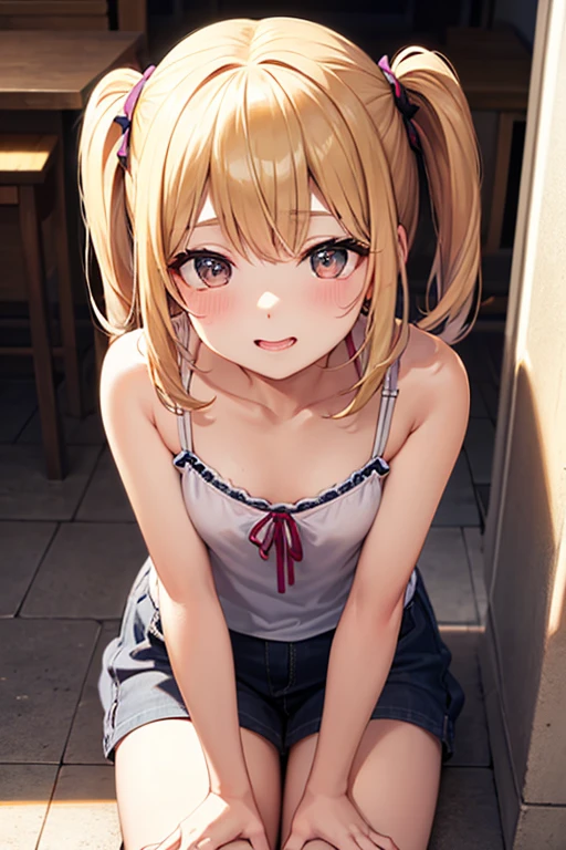 pull tanktop-shirt, tanktop-shirt down, nipples, off shoulder, bare shoulder, little girl,blonde carly hair, twintails, smile, hot pants is digging in her anus, Africa, hand on head, leaning forward,nipples,nipples