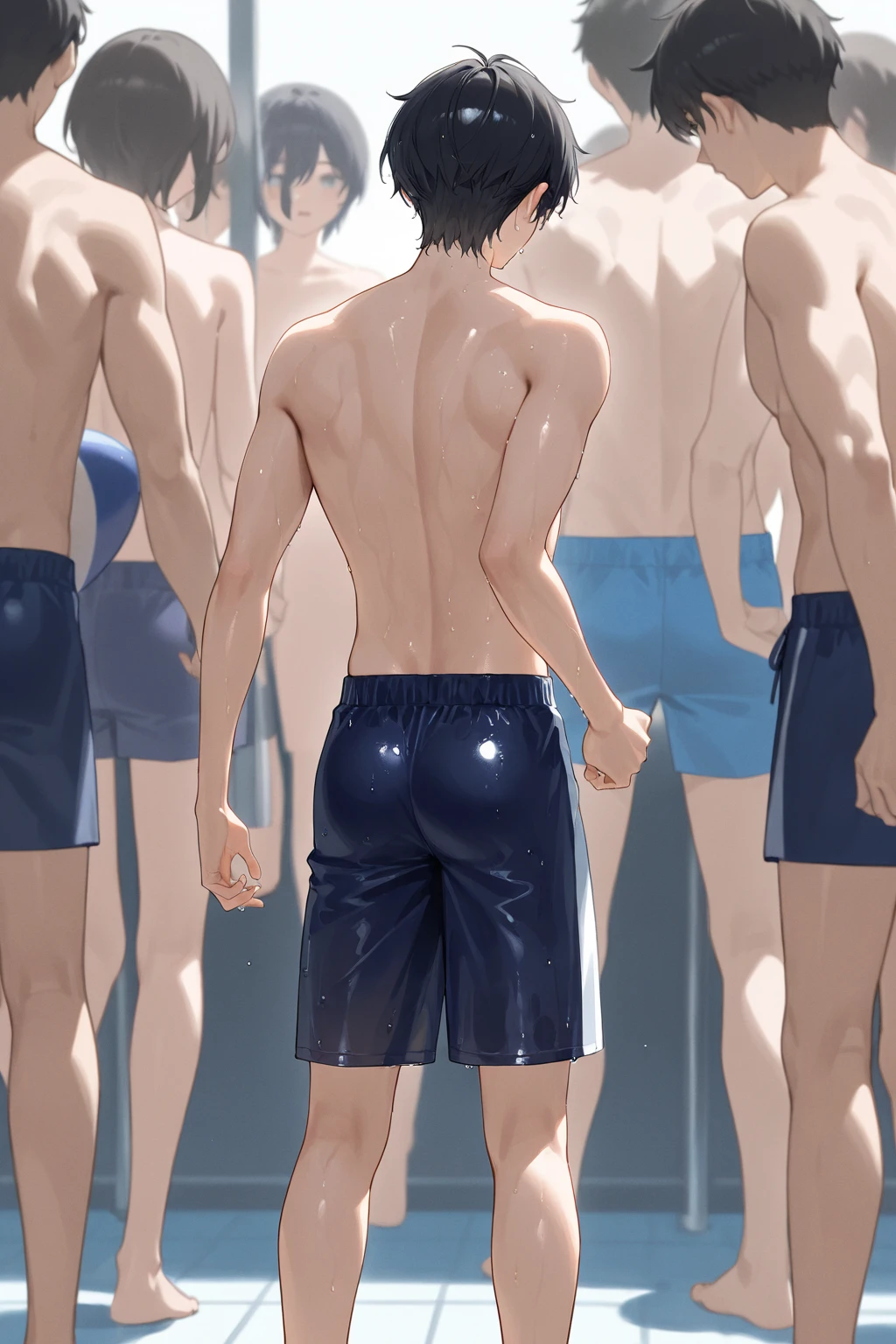 (absurderes,A high resolution,ultra - detailed),tmasterpiece,18yo boy with a towel around his waist,独奏,handsome,short detailed hair,with brown eye,Fine Eye,详细的脸,(forehead),Naked erection,浴室,Dim bathroom background,full-body view