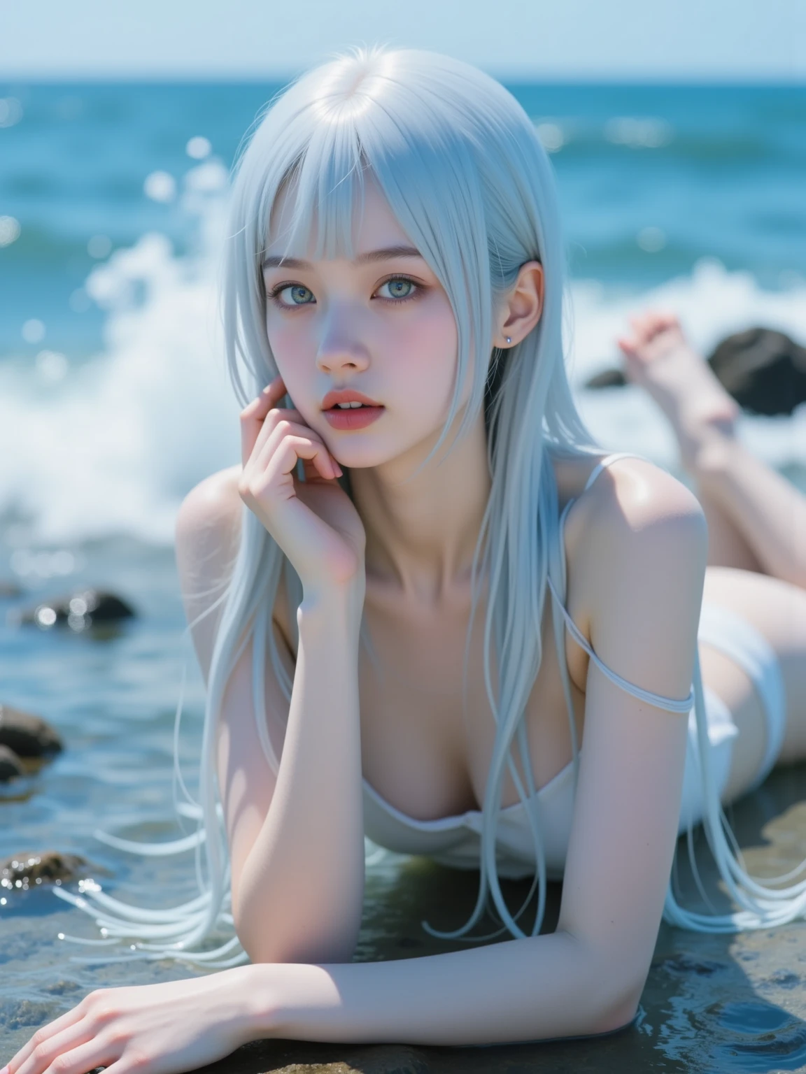 (((A beautiful model in a white bikini))),topless white bikini, lie down on the beach by the sea, melt into the white waves, Medium Hair, (Pale emerald green hair), Fish hair ornament, Heart-shaped pupils, Heart Earrings, Heart in Eye, Satellite Imagery, Satellite Imagery, Ray tracing, Stereogram, Satellite Imagery, Mastepiece,nswf,Spread your legs wide,Emerald Green Sea