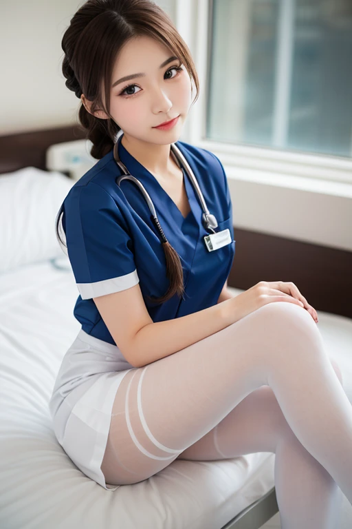 (Highest quality: 1.5), (Realistic: 1.5), (1 person: 1.5), (Very detailed), (High resolution), 8K, Shoot from below, (Japanese women), ((wear White nurse uniform)), (Nurse cap), (Wear a micro mini skirt), (Medium chest), Natural color lips, Cute Smile, 20-year-old girl, (Beautiful and elaborate face), (Perfect and beautiful face), (Big eyes), (Beautiful and elaborate face), (Left/right balance) Beautiful Eyes), Beautiful double eyelids, Perfect and beautiful face, thin arched eyebrows, Slim face, (Slim figure), Beautiful thin nose, Beautiful Skin, (Medium Bob Hair), Natural Bangs, Fair skin, Front view Lighting, (Facial lighting), Dark blue eyes, Slim waistline, Slender and beautiful legs, nurse, Stethoscope, (Sitting on the operating table), (Wearing a white garter belt and white knee-high stockings), white nurse clothes, operating room、((White nurse clothes)), ((White Micro Mini Skirt)), pure white,