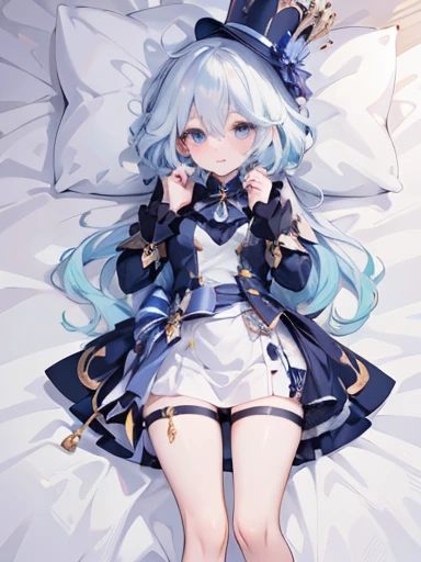 1girl, furina \(genshin impact\), heterochromia, top hat, blue jacket, short shorts, thigh strap, waist cape, looking at viewer, glaring, blush, tears, lying, bed sheet, hands up