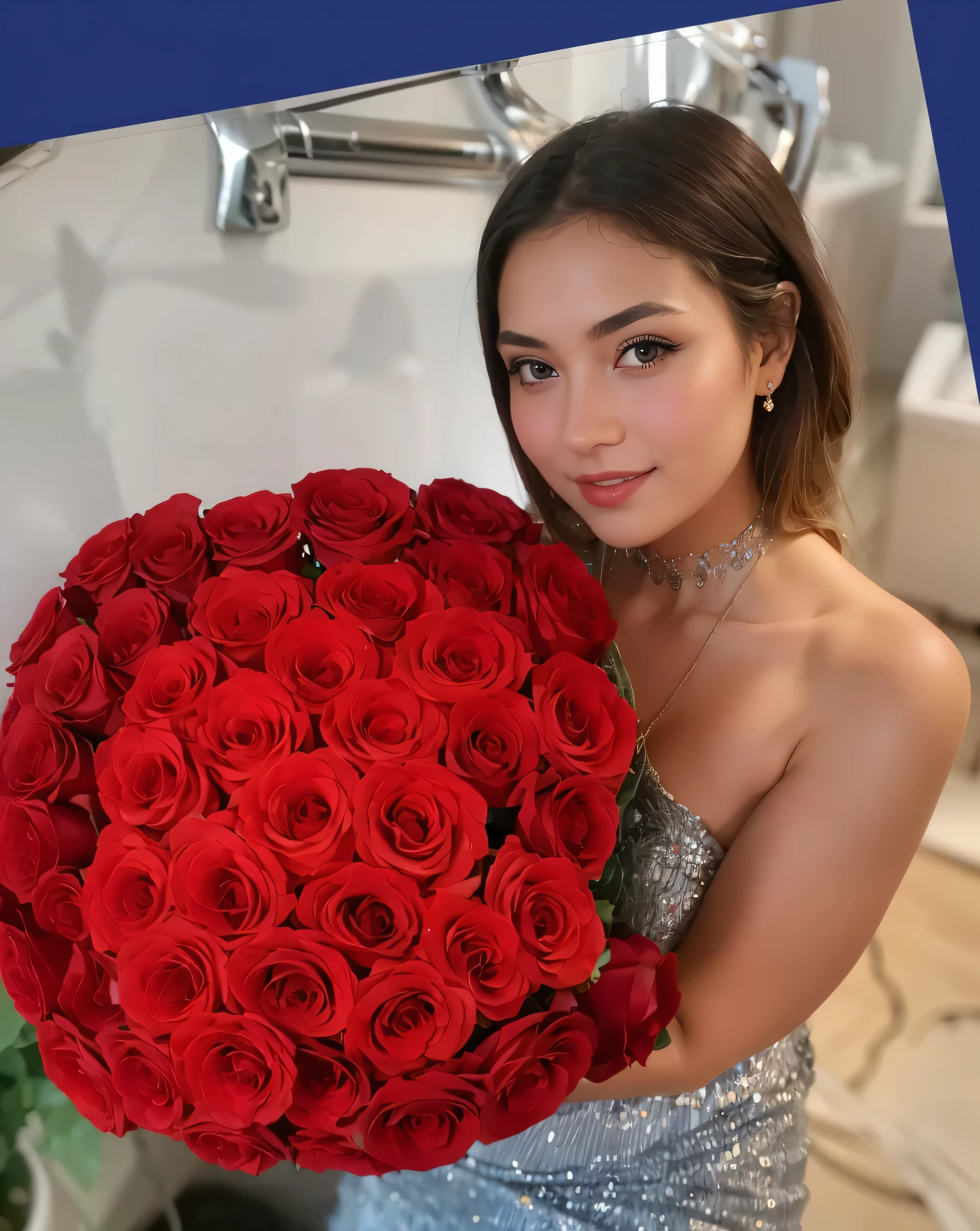 there is a woman holding a bouquet of roses in front of a wall of roses, larger breasts, thicker woman, red roses, laying on roses, roses, roses in her hair, queen of flowers, celestial red flowers vibe, album art, ashy, holding flowers, doja cat, red neon roses, official artwork, in red background, with flowers, she is the queen of black roses