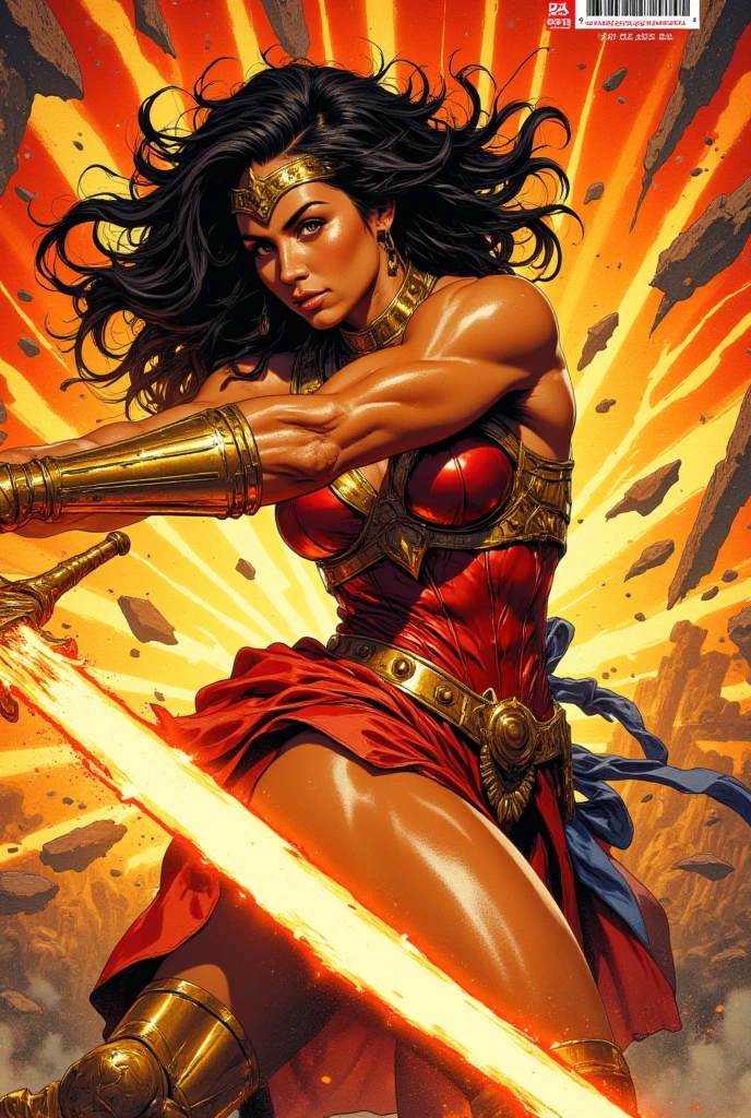 ((fantasy art)), action, heroism, grandeur, power, sensuality, dazzling shadows, expertly detailed, epic, powerful and profound. Wonder Woman from DC Comics is standing on a large rock, she is above us, we have a view from below, Wonder Woman is incredibly beautiful, slender, dynamic pose, action pose, knees slightly bent, she is holding a sword in her right hand and shield in her left hand, her legs are slightly bent, dynamic pose, battle pose, she stares at the camera, Her hair is very long and flowing. Full body, full body body. view from below, she is on top of a large rock, the waves crash against the rock she is standing on, it is raining. Style Jim Lee, Ed Benes, Ivan Reis, Frank Cho. ((best quality)), ((masterpiece)), (high resolution: 1.2), ((best quality)), ((masterpiece)), (high resolution: 1.2)