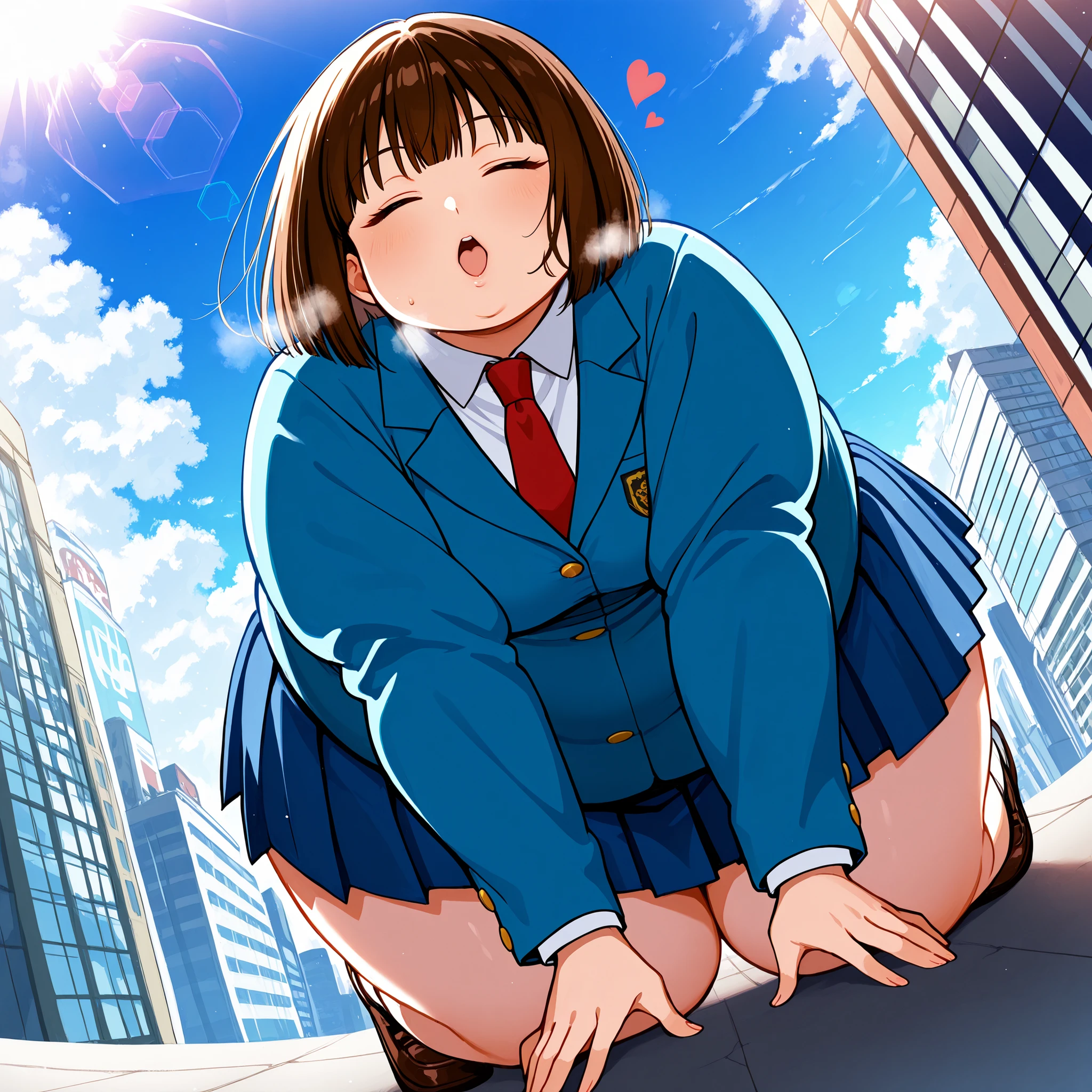 score_9, score_8_up, score_7_up, score_6_up, score_5_up, score_4_up, source_anime, rating_safe, BREAK mitsumi, 1girl, brown hair, bob cut, closed eyes,, small breasts, blue blazer, white shirt, red necktie, blue skirt, pleated skirt, standing, , city, , looking at viewer, smile, dutch angle, sunlight, lens flare, cityscape, cloud , puffy cheek, heart, all on fours, squatting, fat, chubby, obese, large breasts open mouth, out of breath, , incoming kiss, face focus,
