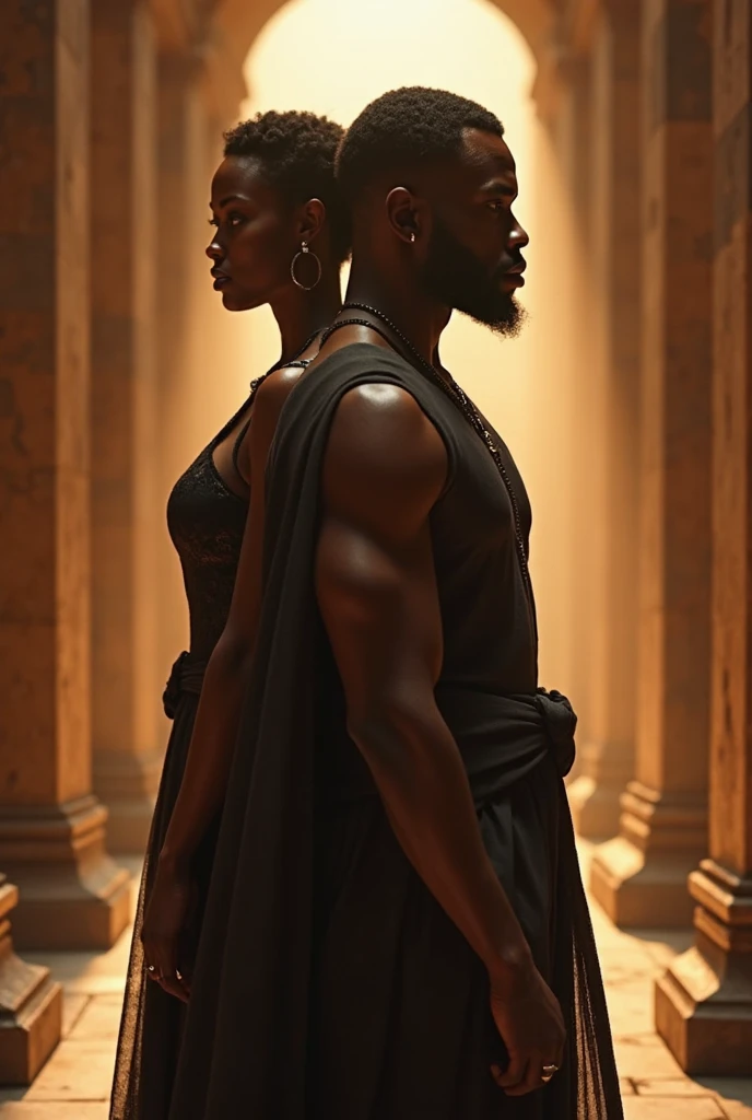 Je veux que tu me fasses une couverture pour un roman Fantasy romance, ces deux personnages noirs de peau, dark skin, ils sont des ennemis, ils veulent s'entretuer, surtout lui, elle, she mainly defends herself but her goal is to save him at all costs too.